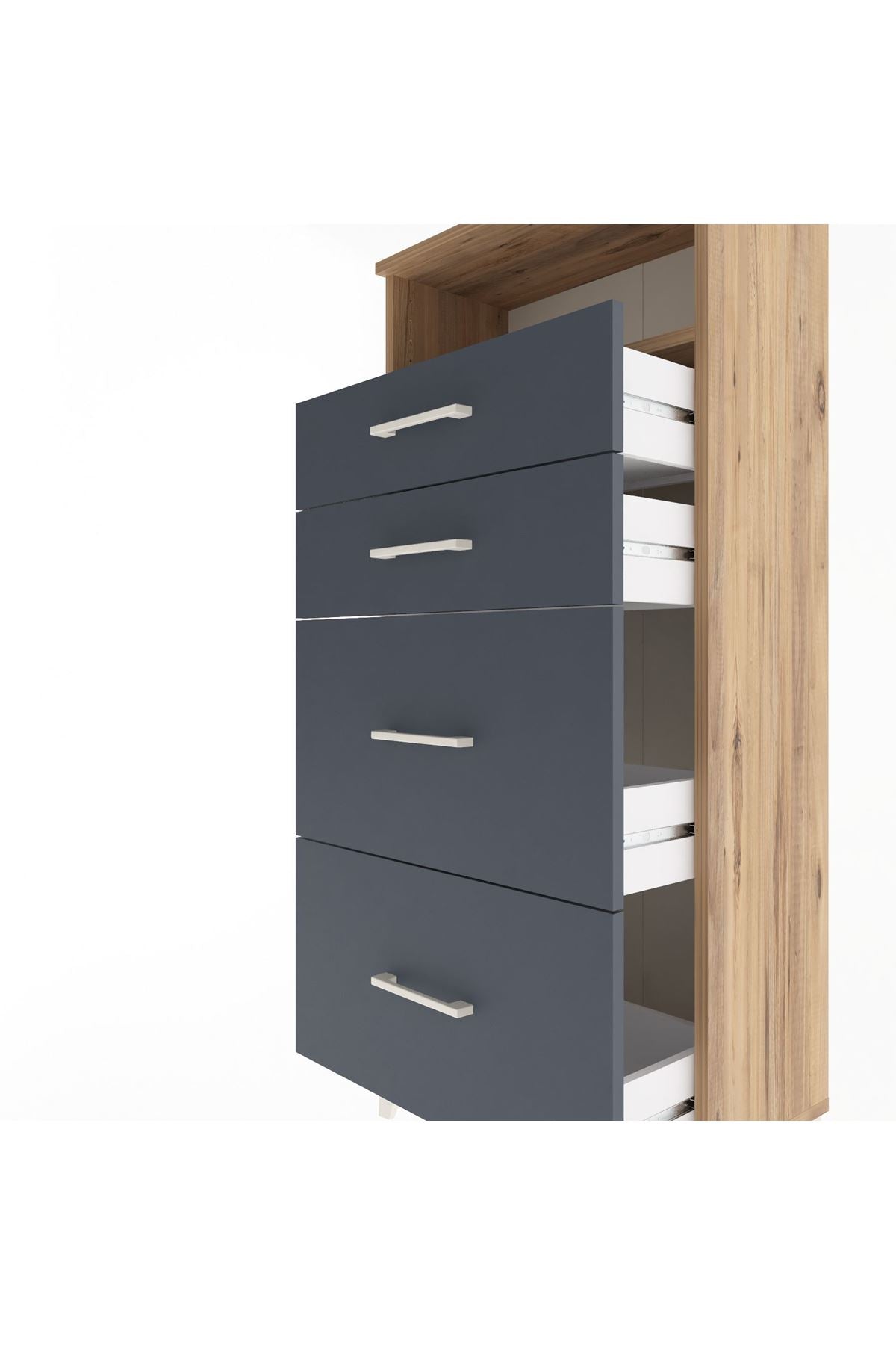 Arges Dolap Tek Raflı 4 Çekmeceli 60x30x134 Çam-Antrasit