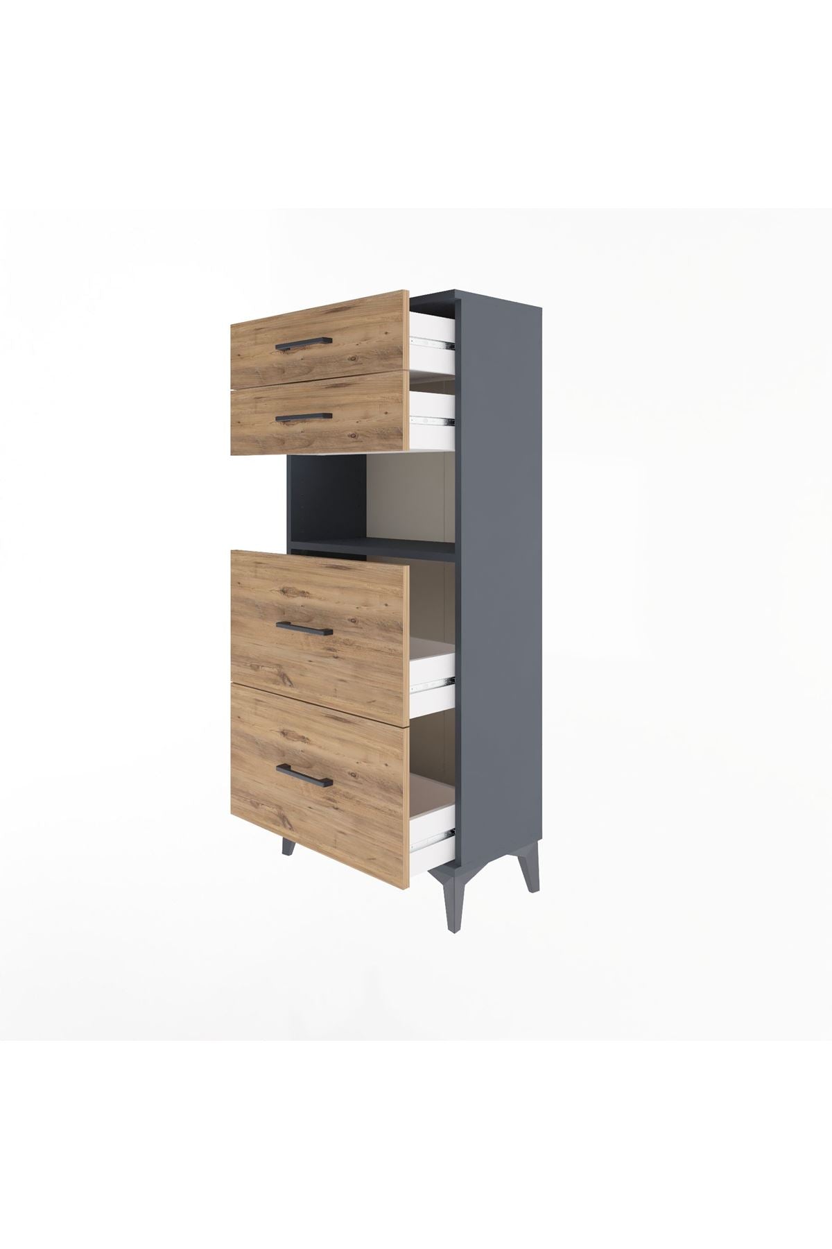 Arges Dolap Tek Raflı 4 Çekmeceli 60x30x134 Antrasit-Çam