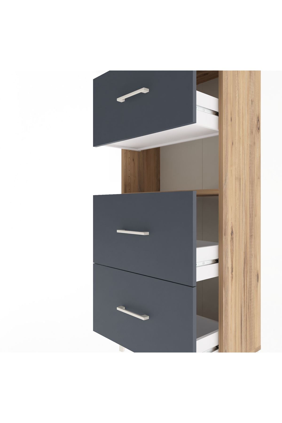 Arges Dolap Tek Raflı 3 Çekmeceli 60x30x134 Çam-Antrasit