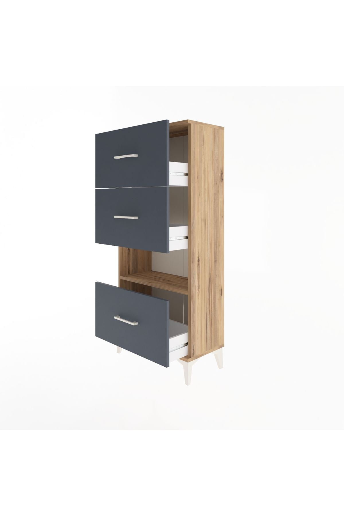 Arges Dolap Tek Raflı 3 Çekmeceli 60x30x134 Çam-Antrasit