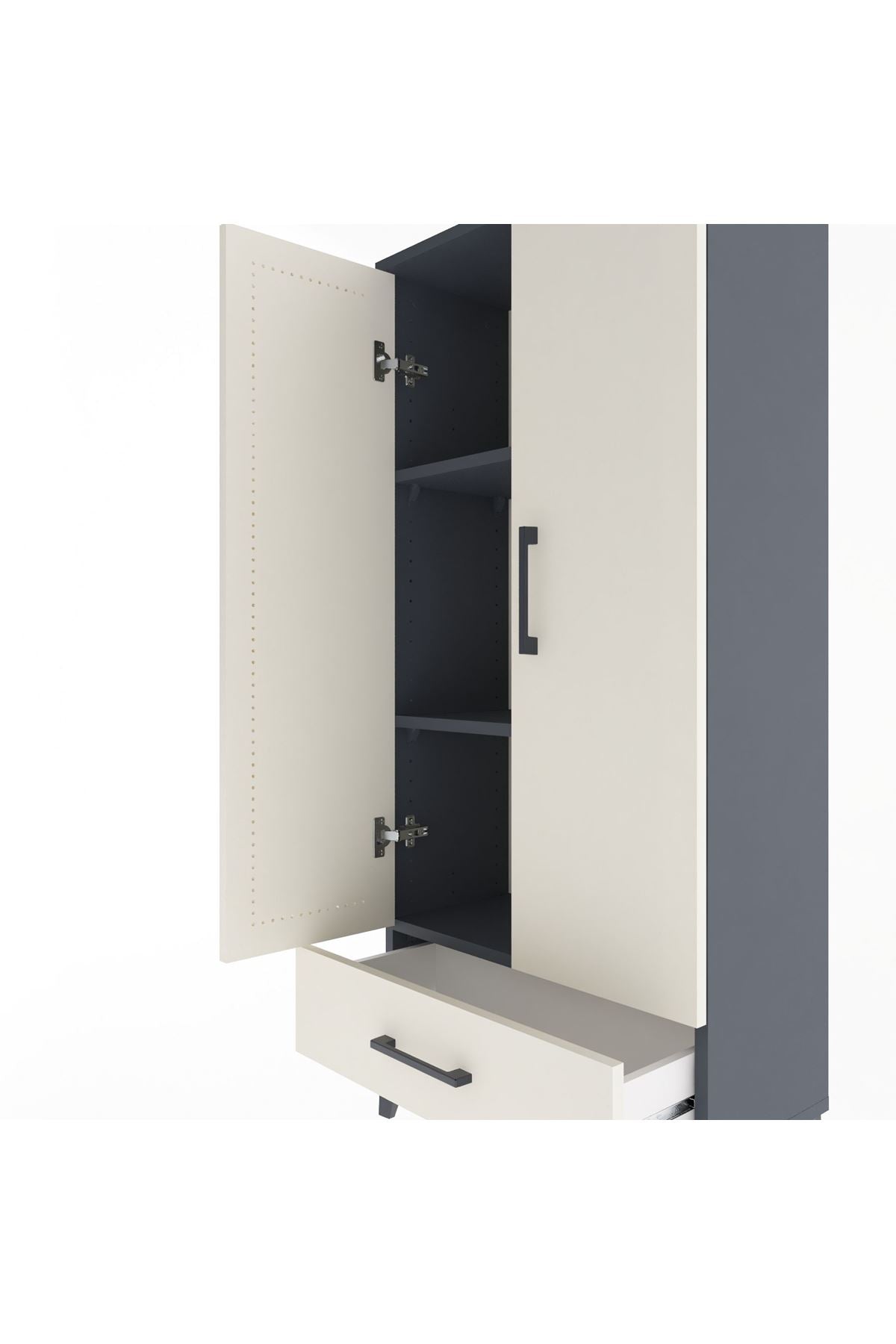 Arges Dolap 3 Raflı Tek Çekmeceli 2 Kapaklı 60x30x134 Antrasit-Aytaşı