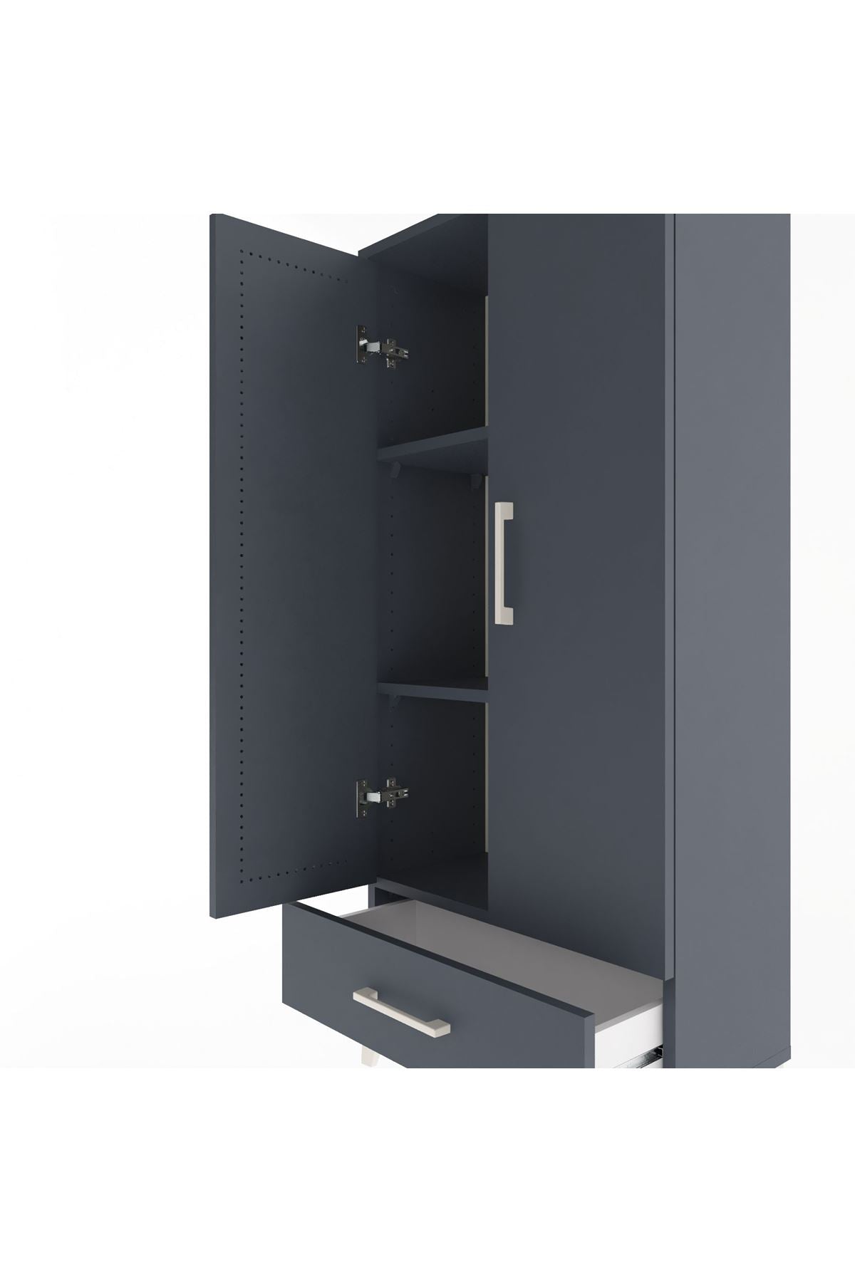 Arges Dolap 3 Raflı Tek Çekmeceli 2 Kapaklı 60x30x134 Antrasit-Antrasit