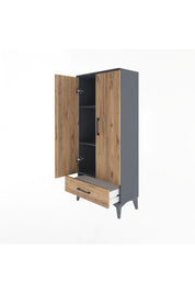 Arges Dolap 3 Raflı Tek Çekmeceli 2 Kapaklı 60x30x134 Antrasit-Çam