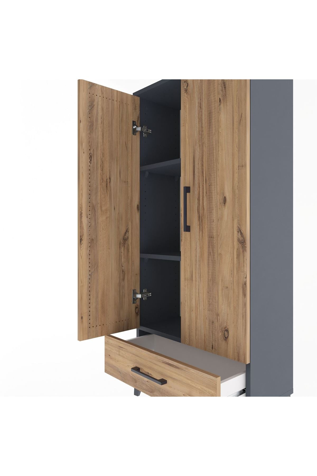 Arges Dolap 3 Raflı Tek Çekmeceli 2 Kapaklı 60x30x134 Antrasit-Çam