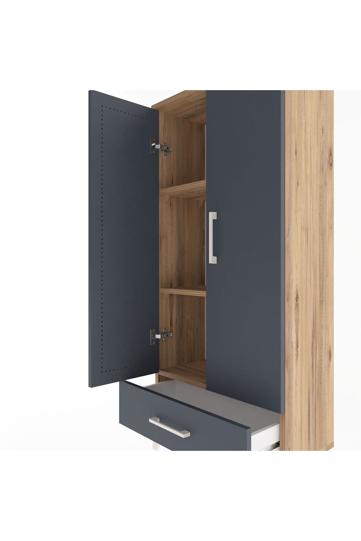 Arges Dolap 3 Raflı Tek Çekmeceli 2 Kapaklı 60x30x134 Çam-Antrasit