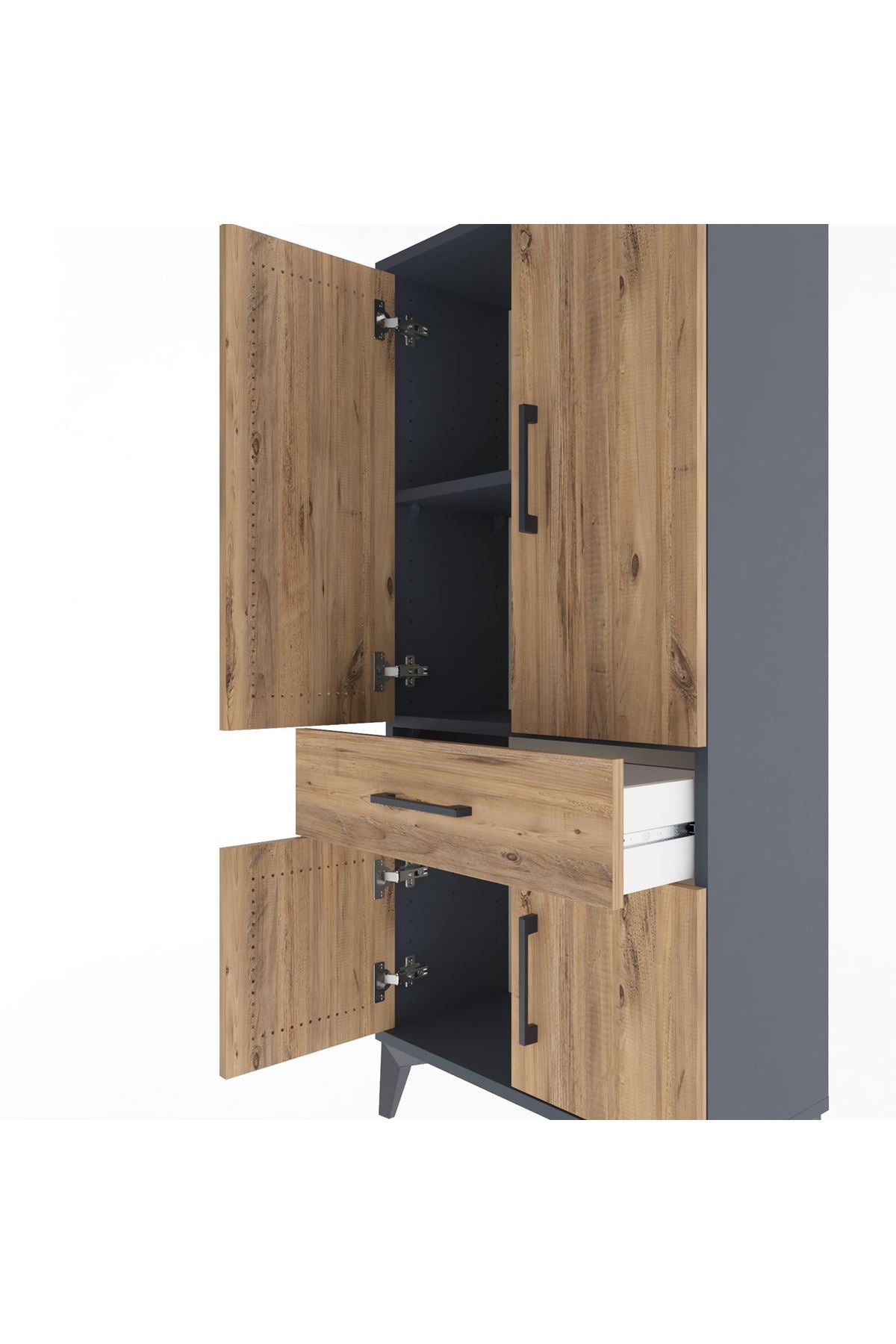 Arges Dolap 2 Raflı Tek Çekmeceli 4 Kapaklı 60x30x134 Antrasit-Çam