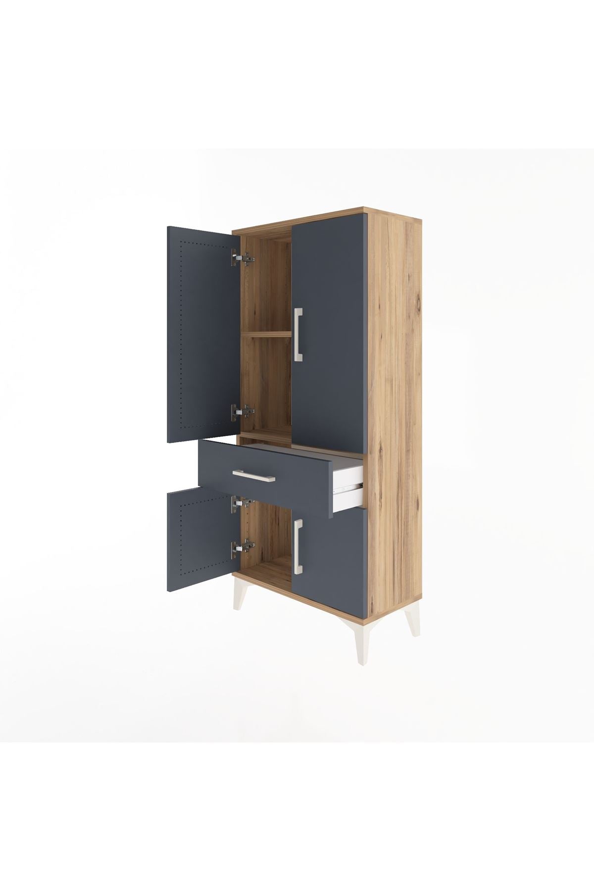 Arges Dolap 2 Raflı Tek Çekmeceli 4 Kapaklı 60x30x134 Çam-Antrasit