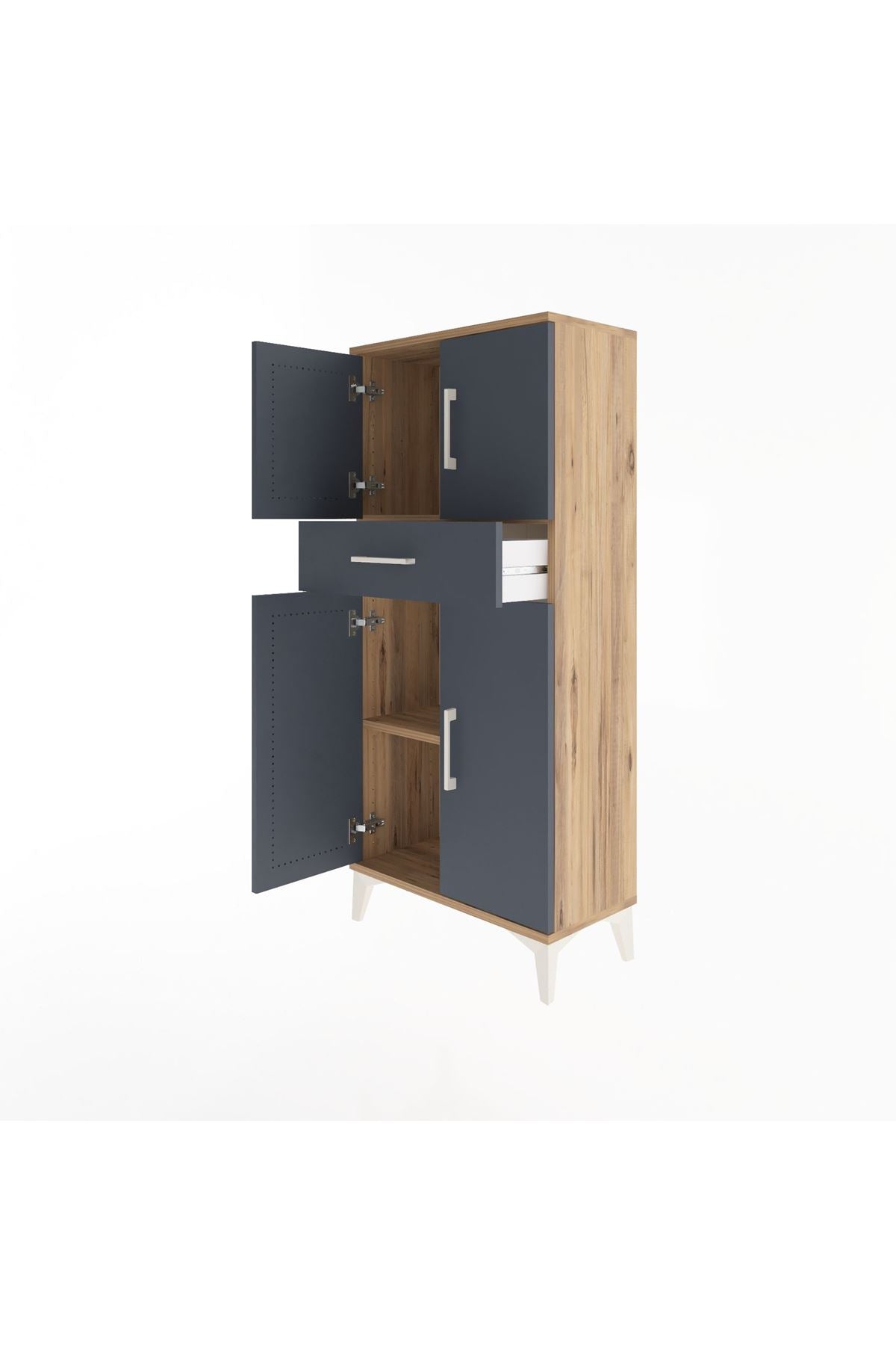 Arges Dolap 2 Raflı Tek Çekmeceli 4 Kapaklı 60x30x134 Çam-Antrasit