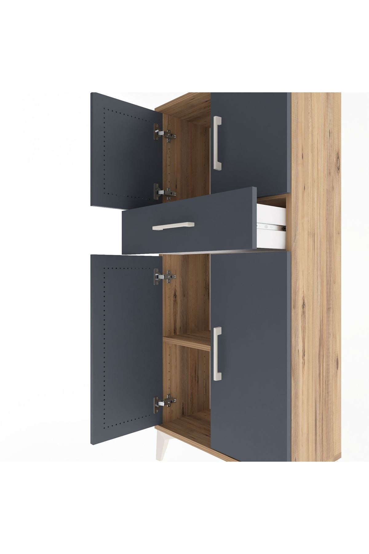 Arges Dolap 2 Raflı Tek Çekmeceli 4 Kapaklı 60x30x134 Çam-Antrasit