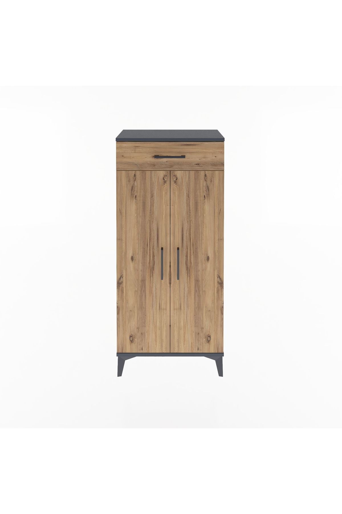 Arges Dolap 2 Raflı Tek Çekmeceli 2 Kapaklı 60x30x134 Antrasit-Çam