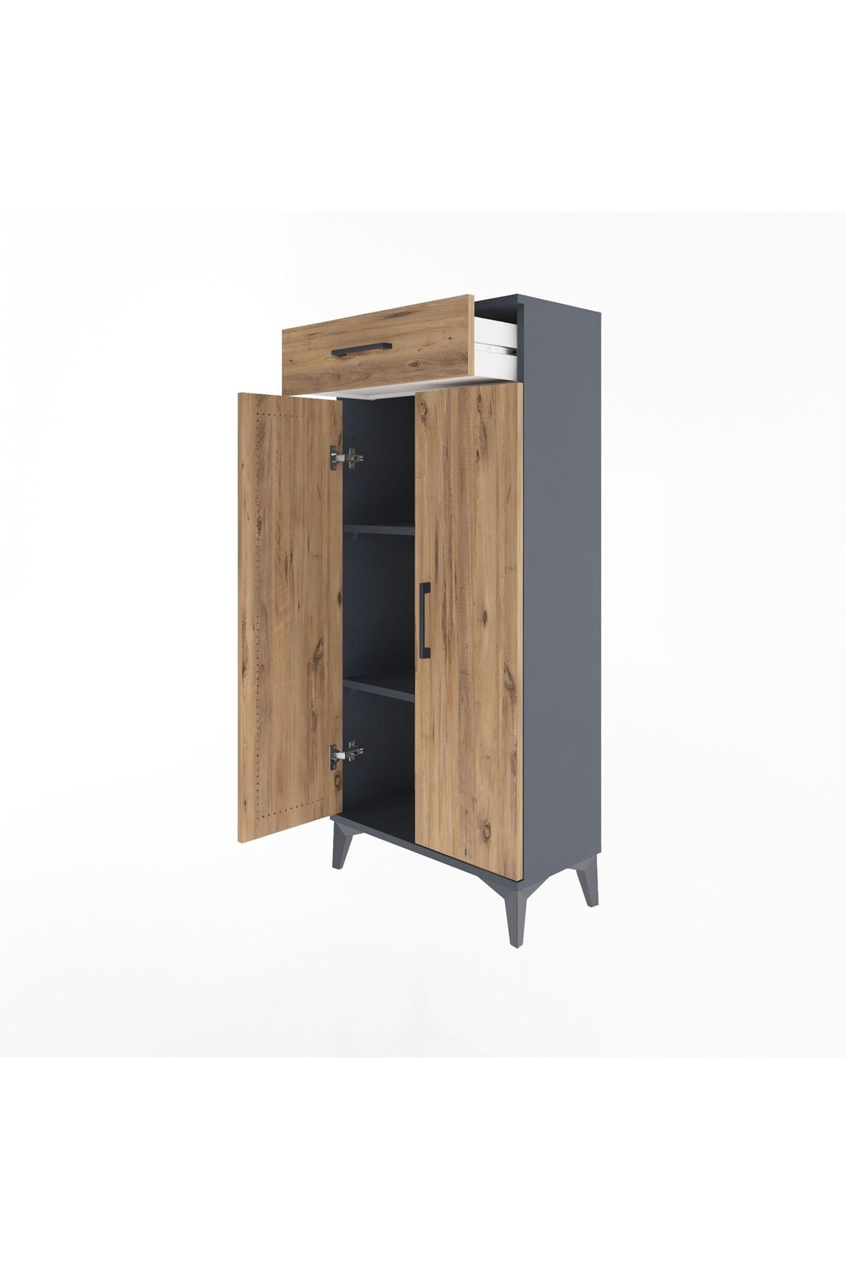 Arges Dolap 2 Raflı Tek Çekmeceli 2 Kapaklı 60x30x134 Antrasit-Çam