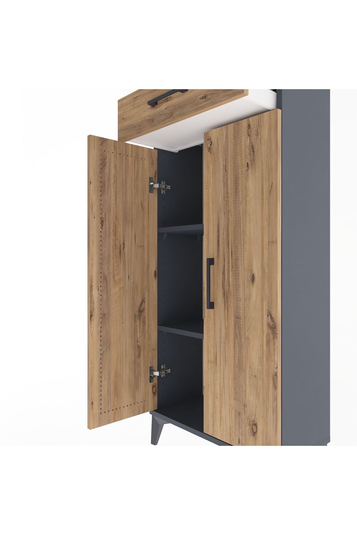 Arges Dolap 2 Raflı Tek Çekmeceli 2 Kapaklı 60x30x134 Antrasit-Çam