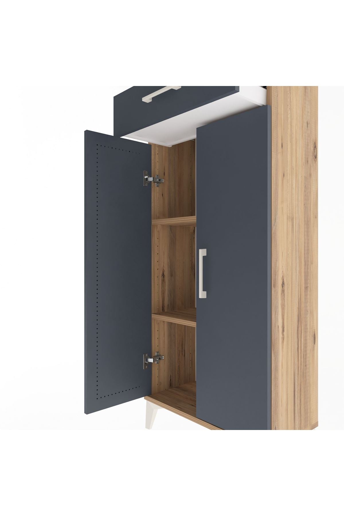 Arges Dolap 2 Raflı Tek Çekmeceli 2 Kapaklı 60x30x134 Çam-Antrasit