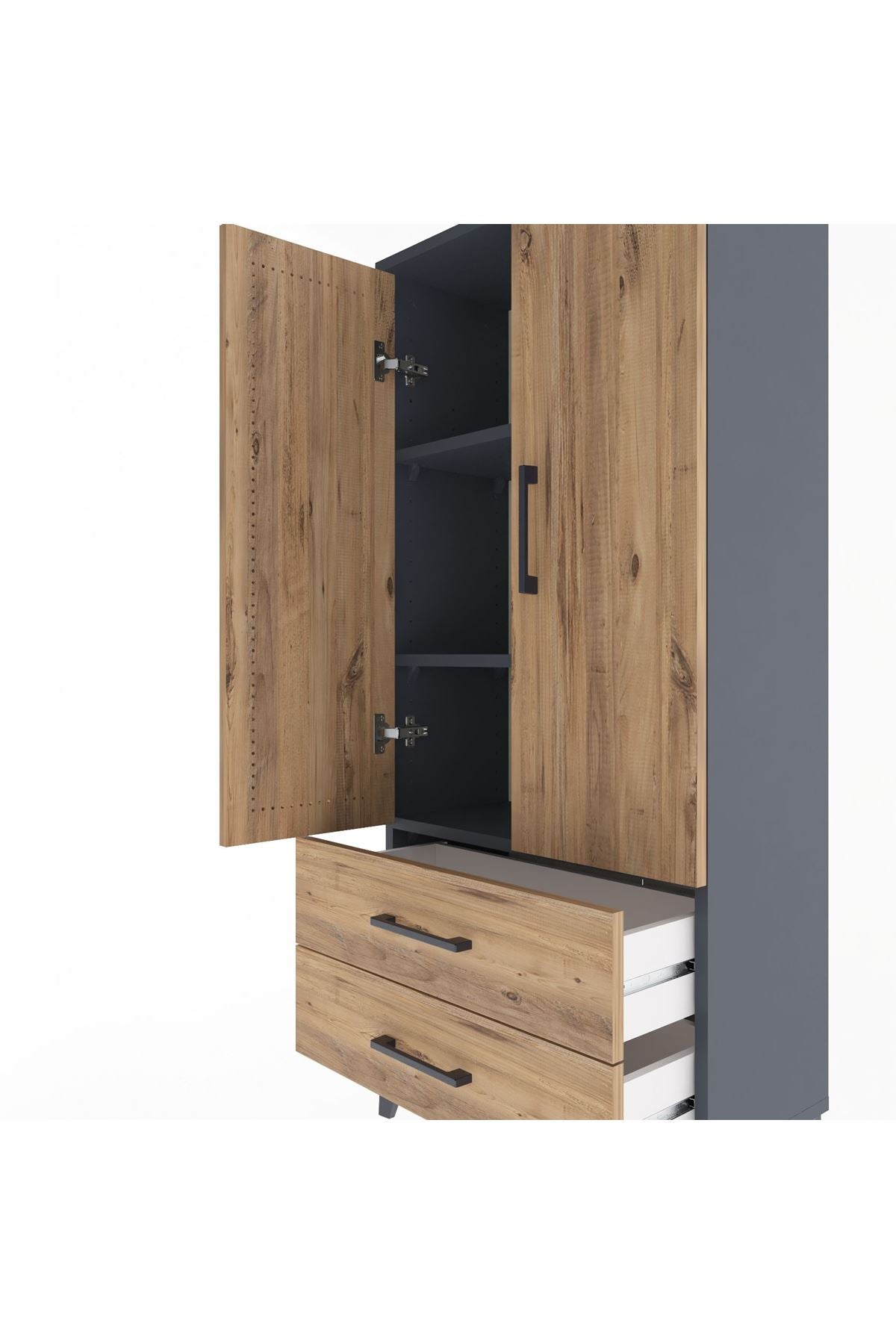 Arges Dolap 3 Raflı 2 Çekmeceli 2 Kapaklı 60x30x134 Antrasit-Çam