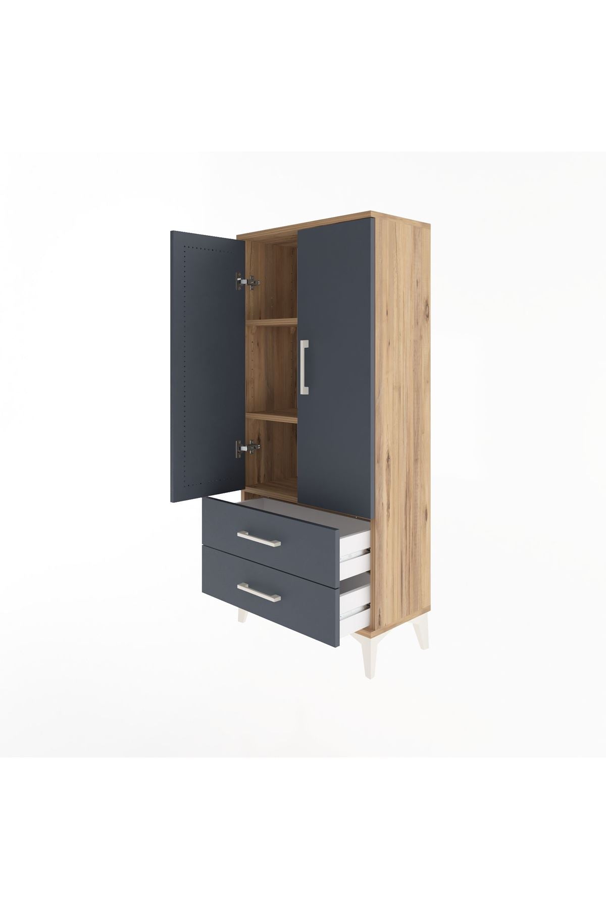 Arges Dolap 3 Raflı 2 Çekmeceli 2 Kapaklı 60x30x134 Çam-Antrasit