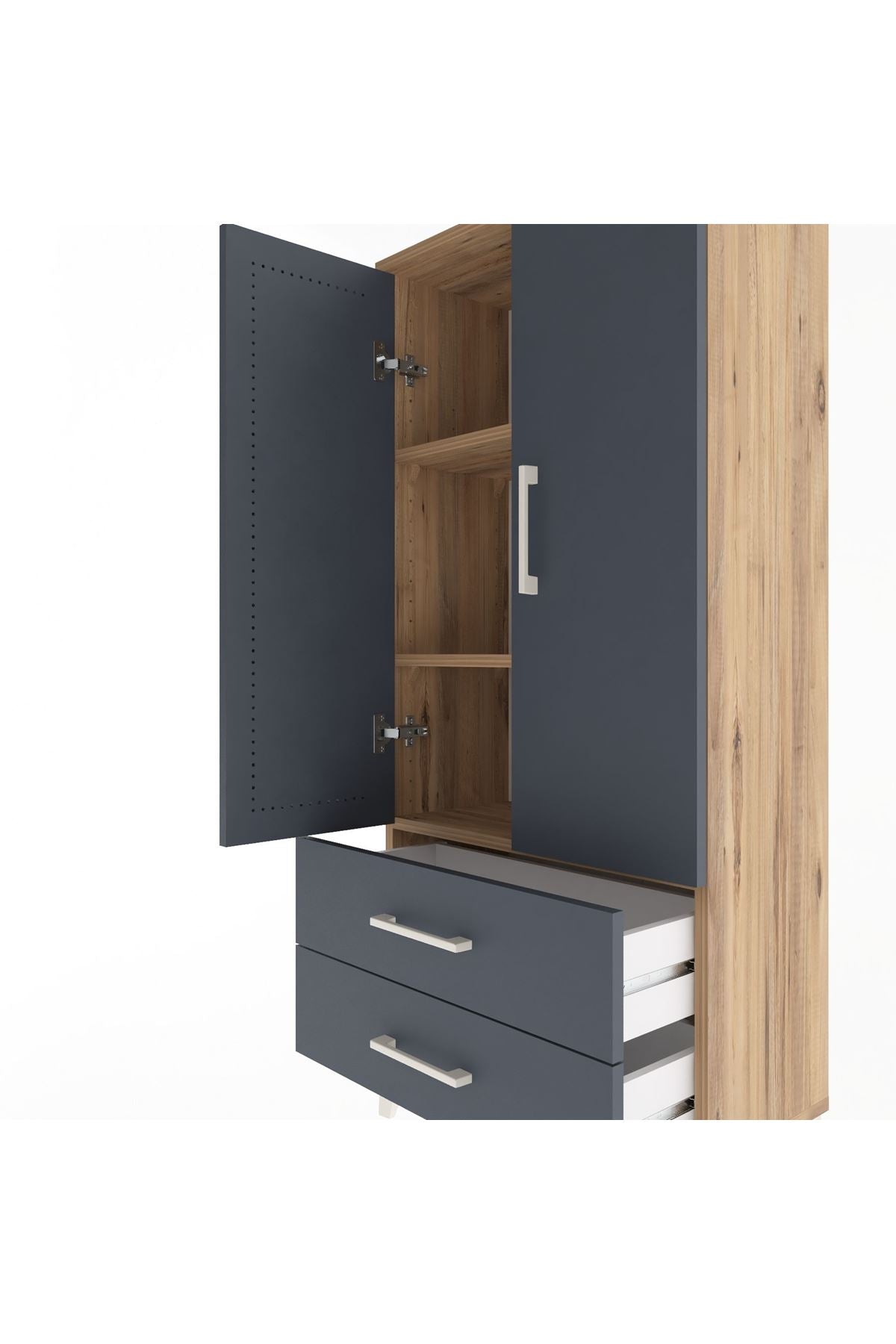 Arges Dolap 3 Raflı 2 Çekmeceli 2 Kapaklı 60x30x134 Çam-Antrasit