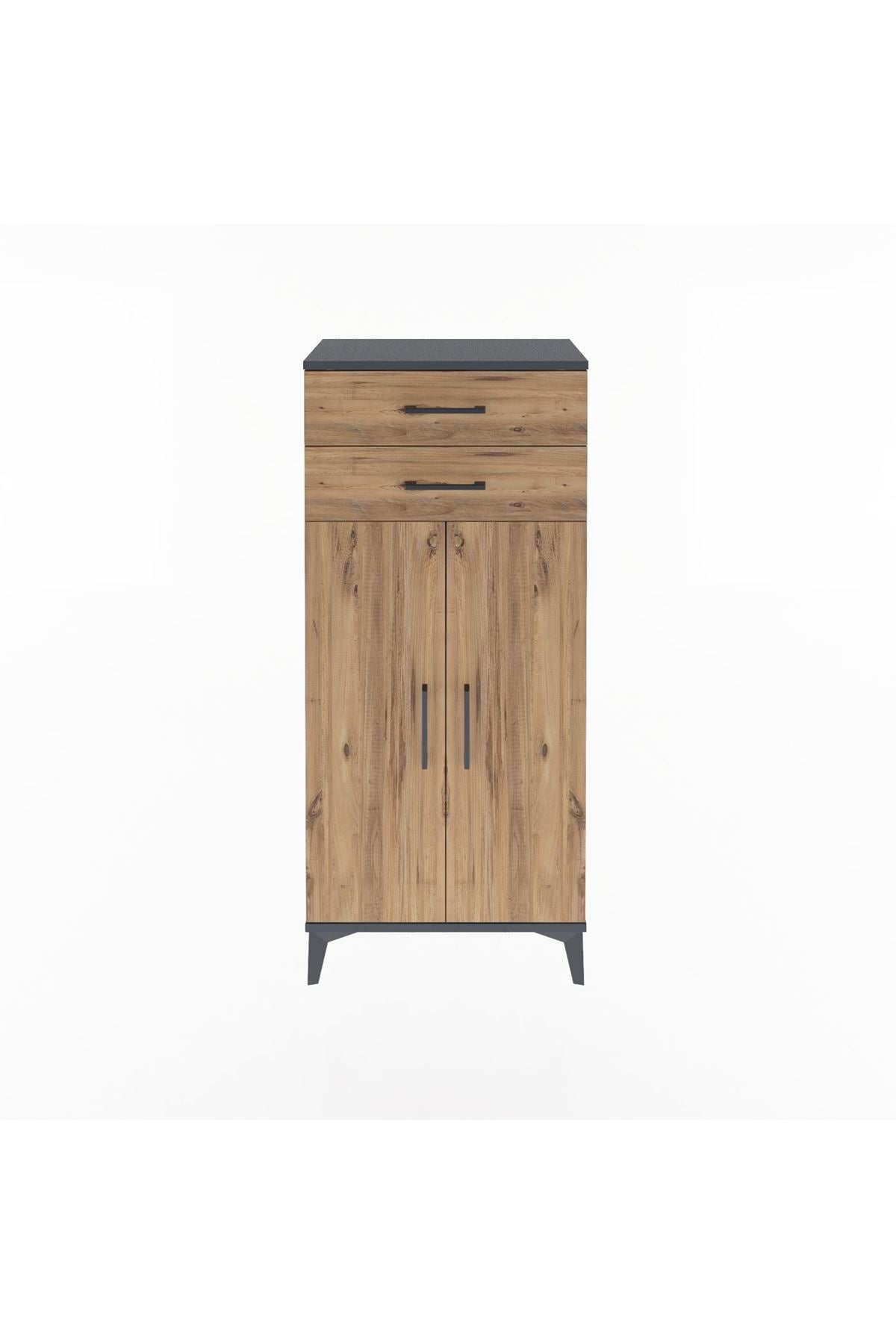 Arges Dolap 2 Raflı 2 Çekmeceli 2 Kapaklı 60x30x134 Antrasit-Çam