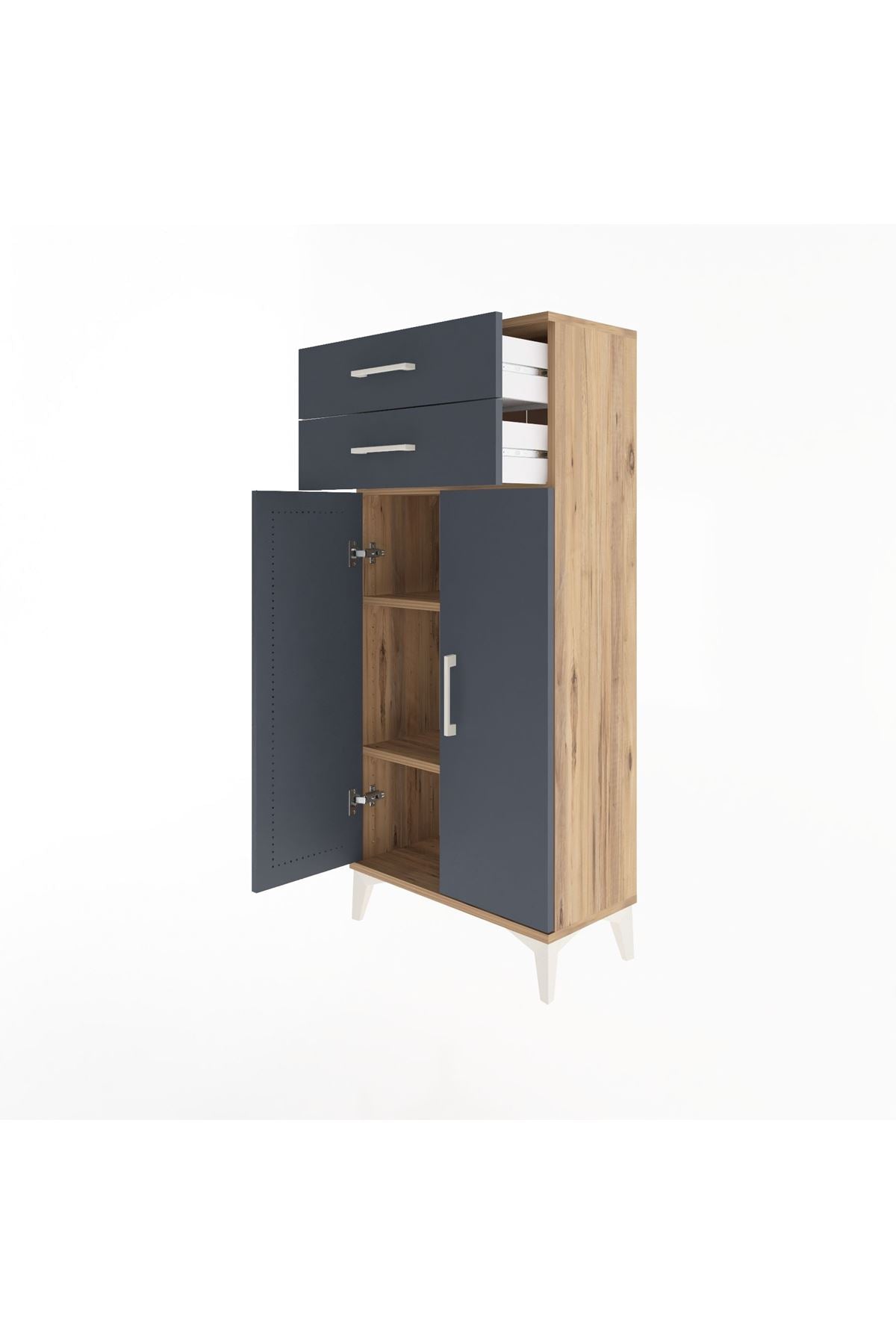 Arges Dolap 2 Raflı 2 Çekmeceli 2 Kapaklı 60x30x134 Çam-Antrasit