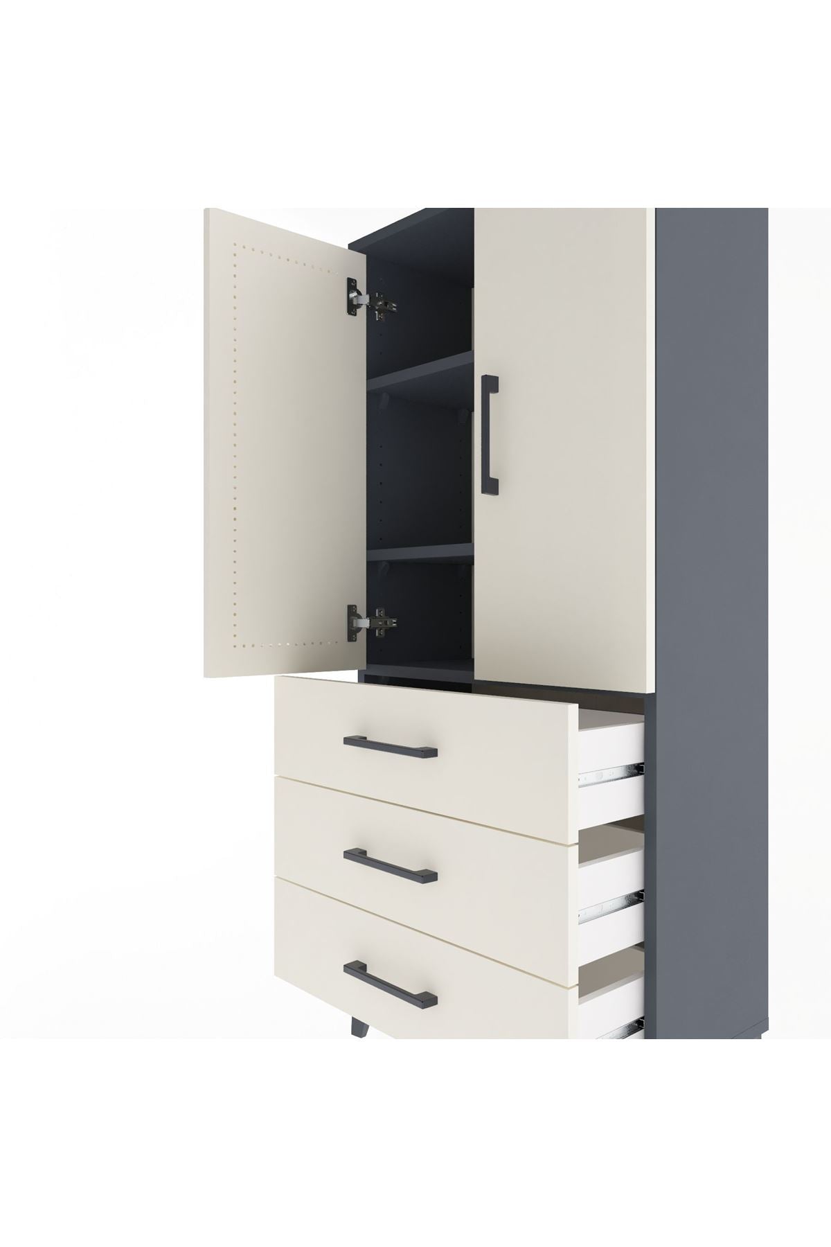 Arges Dolap 3 Raflı 3 Çekmeceli 2 Kapaklı 60x30x134 Antrasit-Aytaşı