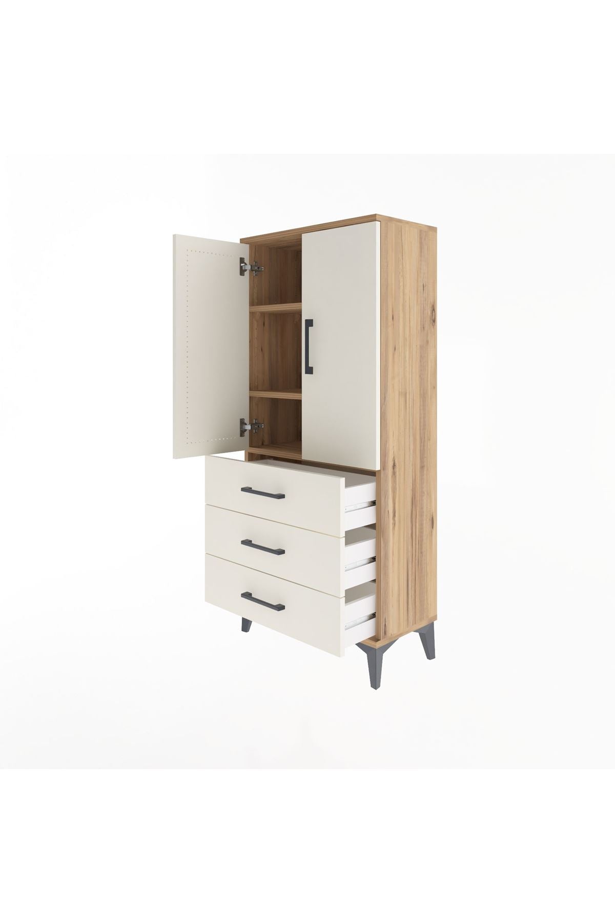 Arges Dolap 3 Raflı 3 Çekmeceli 2 Kapaklı 60x30x134 Çam-Aytaşı
