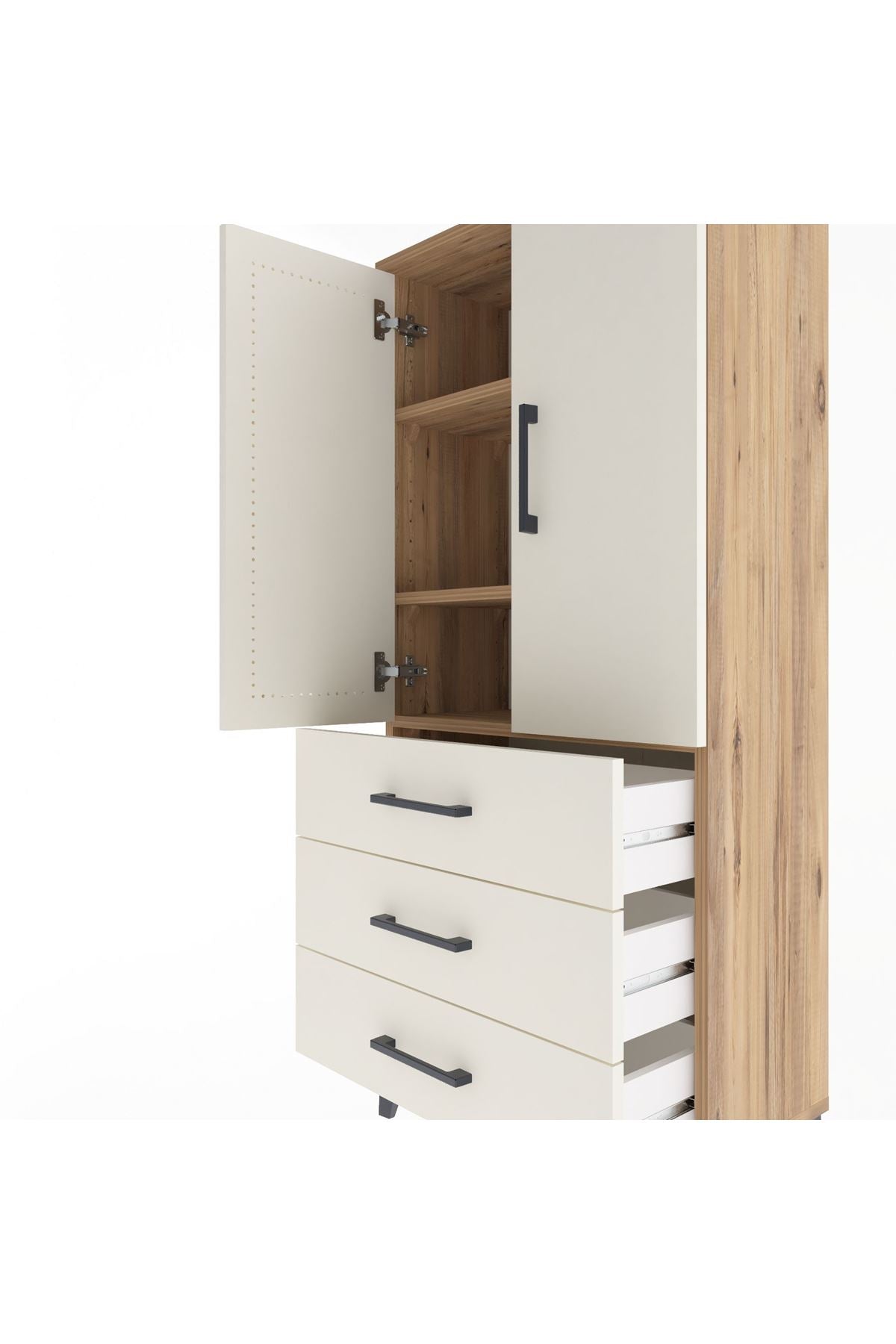Arges Dolap 3 Raflı 3 Çekmeceli 2 Kapaklı 60x30x134 Çam-Aytaşı