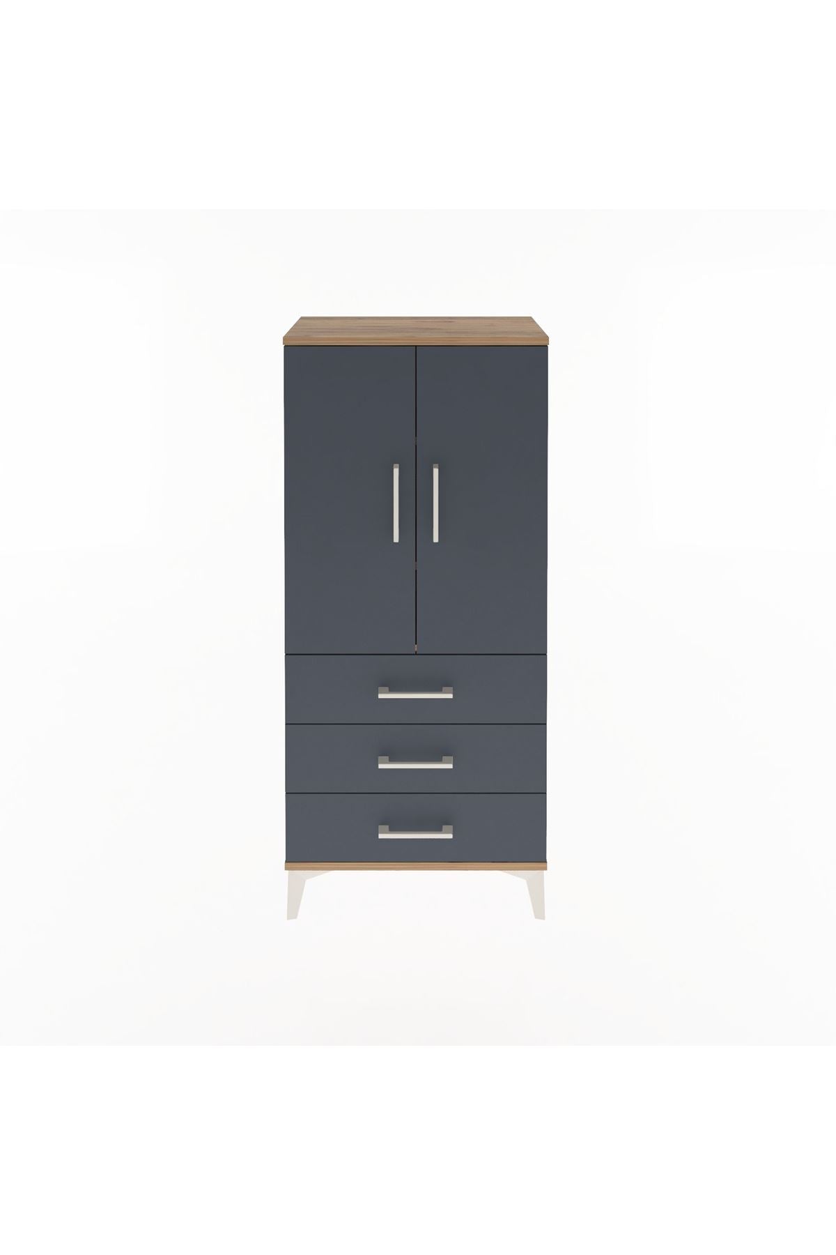 Arges Dolap 3 Raflı 3 Çekmeceli 2 Kapaklı 60x30x134 Çam-Antrasit