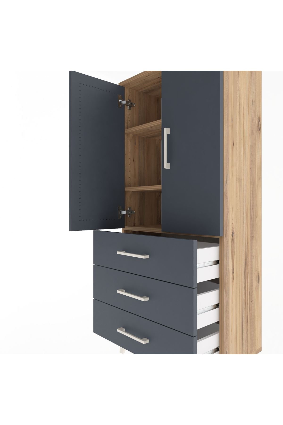 Arges Dolap 3 Raflı 3 Çekmeceli 2 Kapaklı 60x30x134 Çam-Antrasit