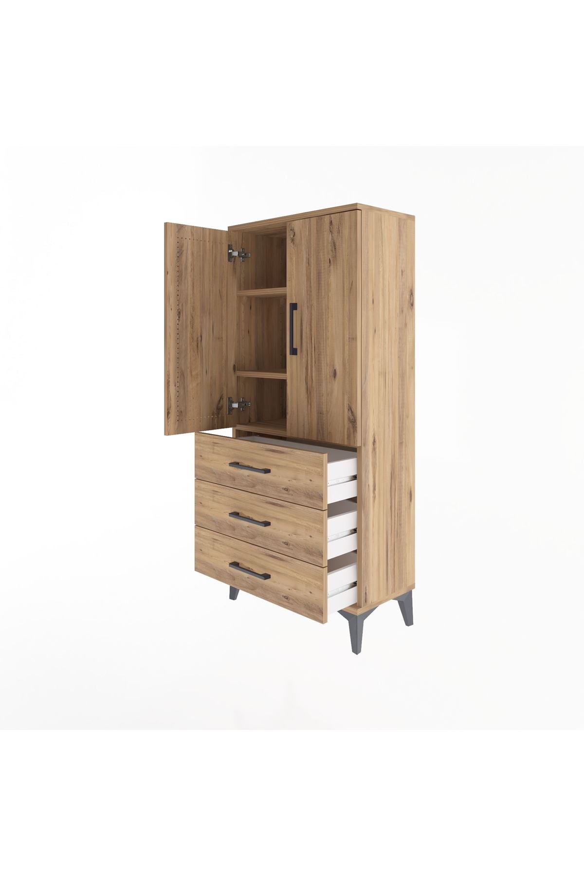 Arges Dolap 3 Raflı 3 Çekmeceli 2 Kapaklı 60x30x134 Çam-Çam