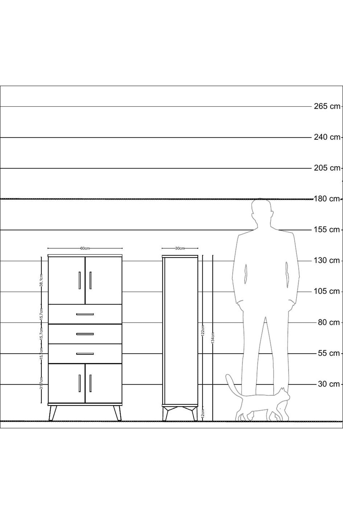 Arges Dolap Tek Raflı 3 Çekmeceli 4 Kapaklı 60x30x134 Antrasit-Antrasit