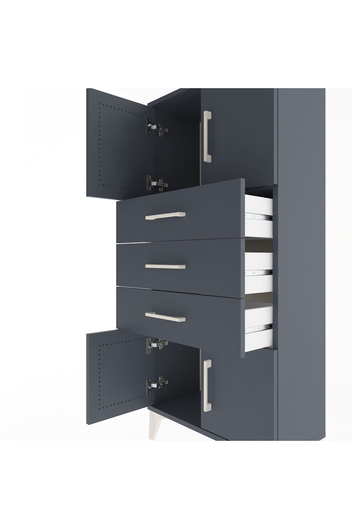 Arges Dolap Tek Raflı 3 Çekmeceli 4 Kapaklı 60x30x134 Antrasit-Antrasit