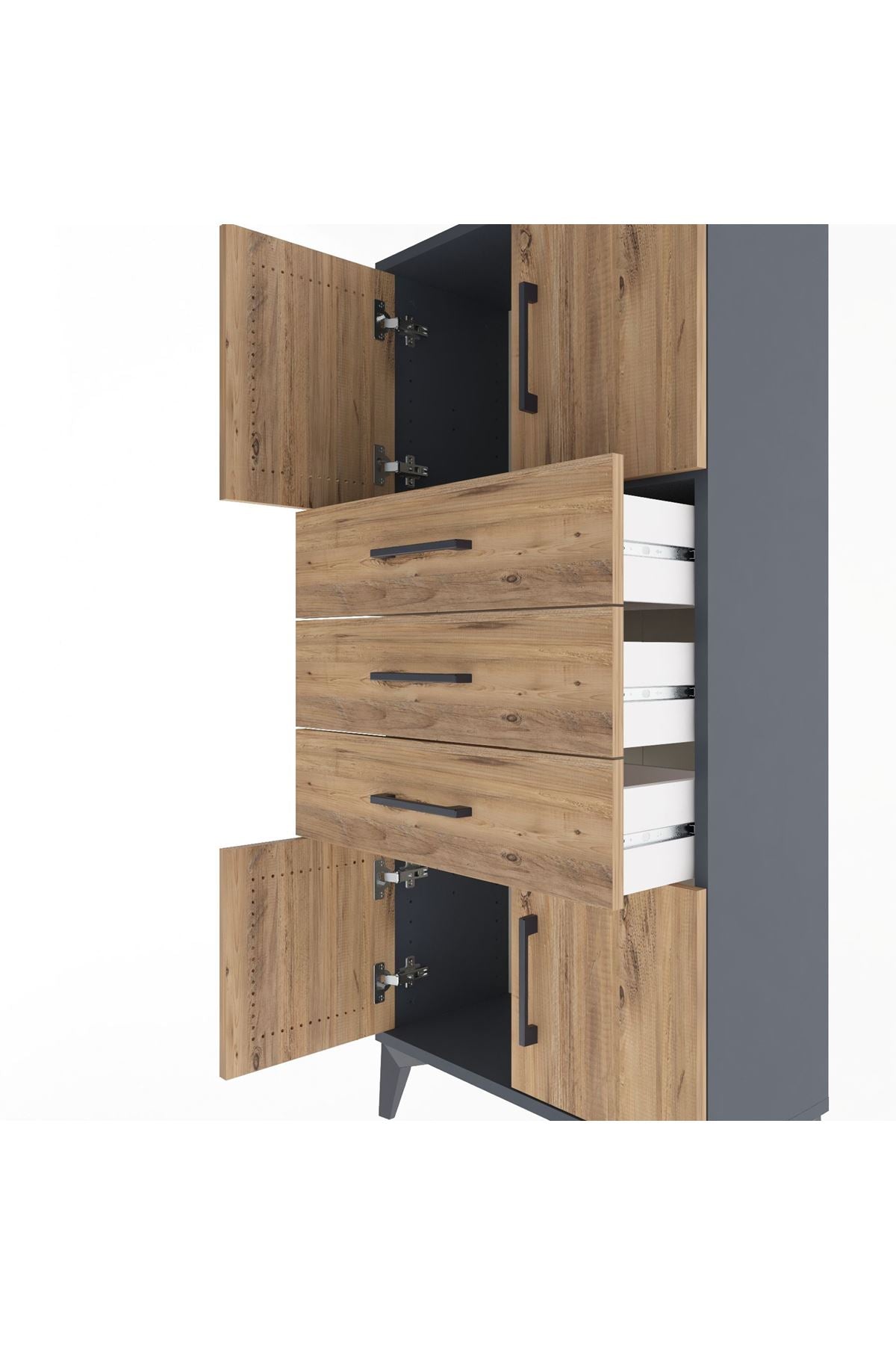 Arges Dolap Tek Raflı 3 Çekmeceli 4 Kapaklı 60x30x134 Antrasit-Çam