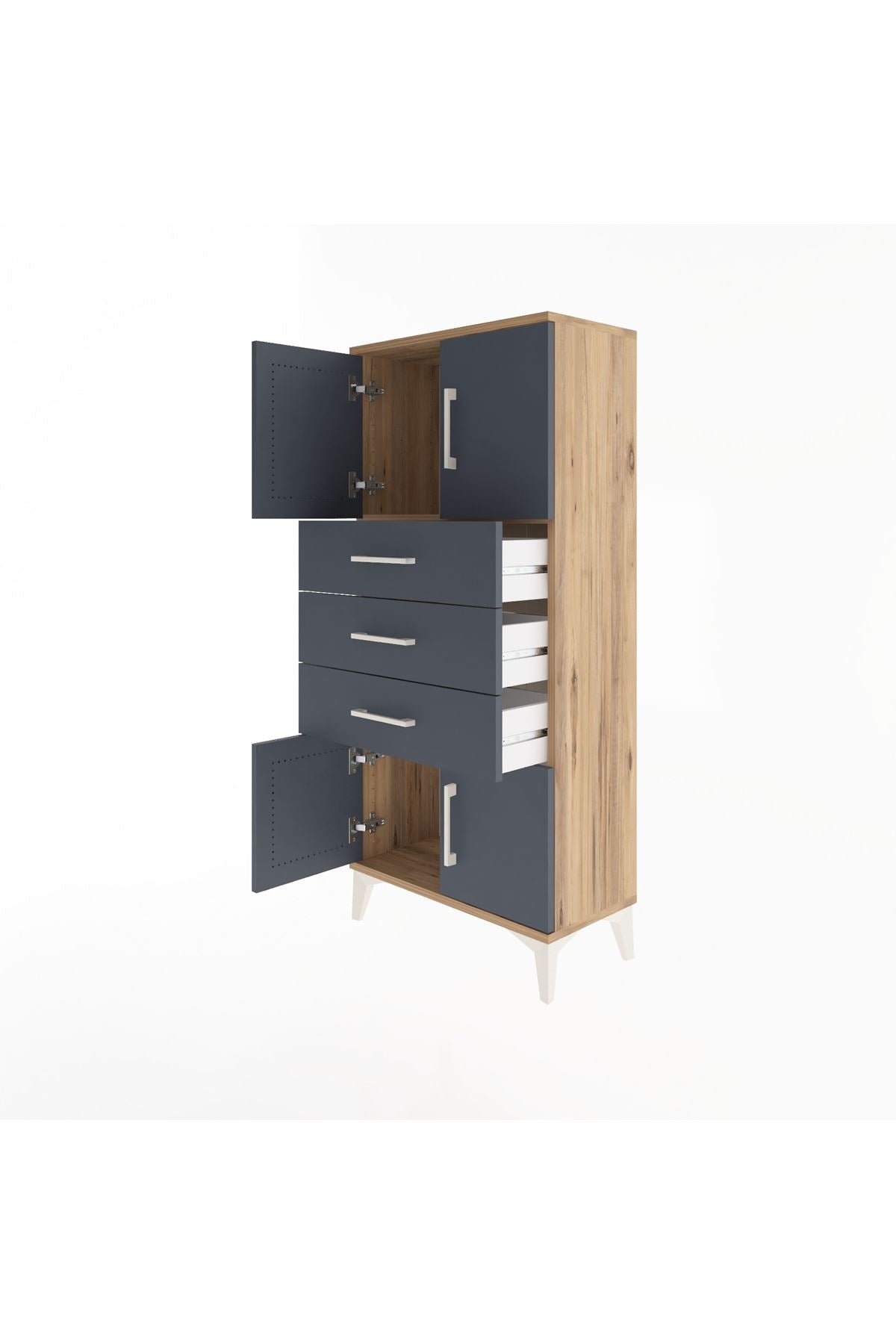 Arges Dolap Tek Raflı 3 Çekmeceli 4 Kapaklı 60x30x134 Çam-Antrasit