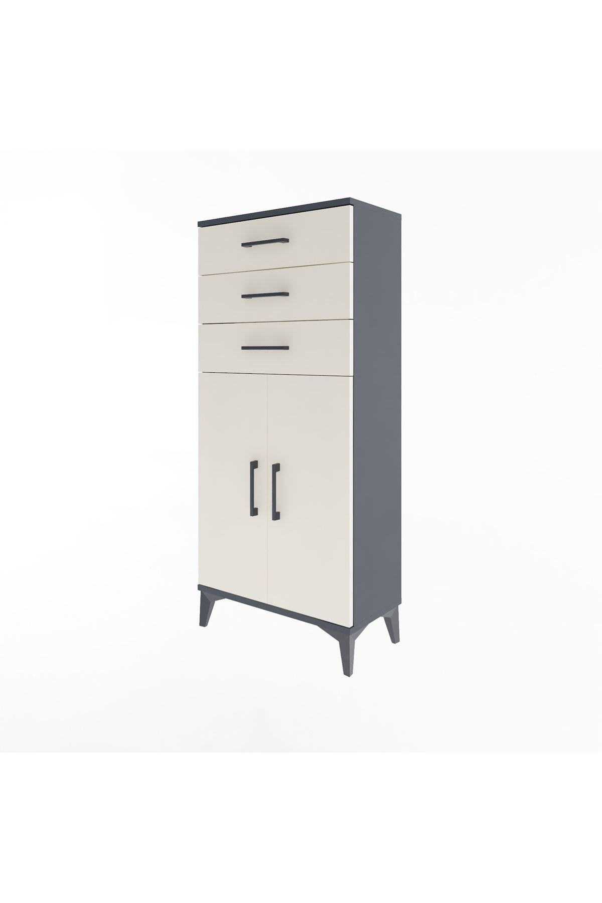 Arges Dolap 2 Raflı 3 Çekmeceli 2 Kapaklı 60x30x134 Antrasit-Aytaşı