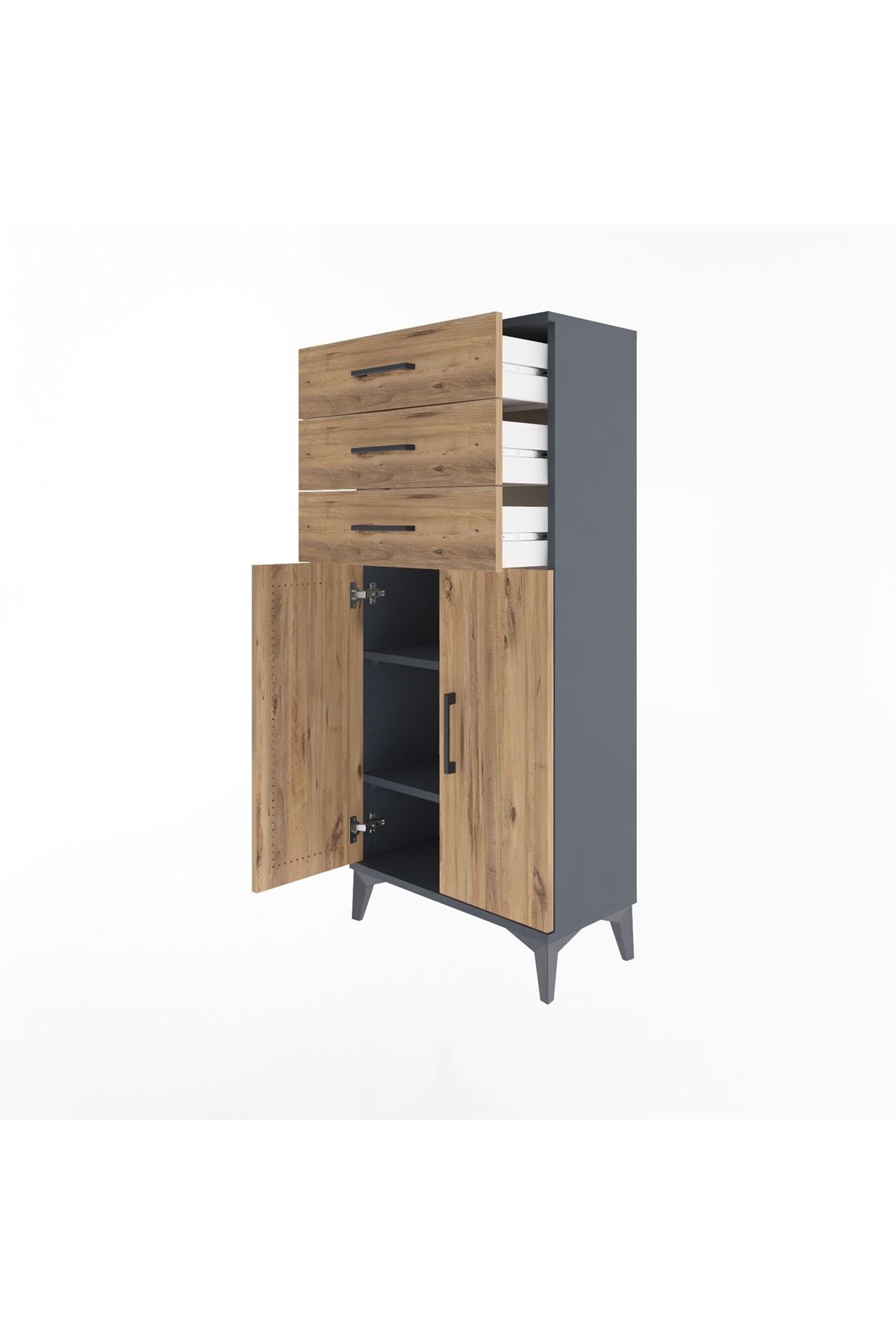 Arges Dolap 2 Raflı 3 Çekmeceli 2 Kapaklı 60x30x134 Antrasit-Çam