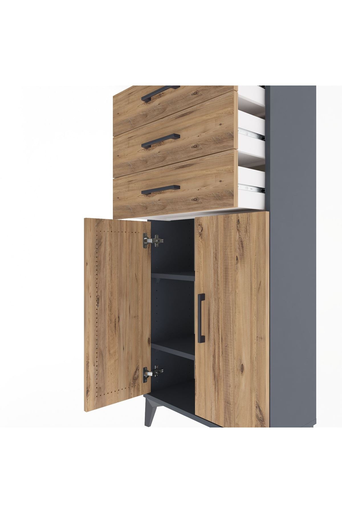 Arges Dolap 2 Raflı 3 Çekmeceli 2 Kapaklı 60x30x134 Antrasit-Çam