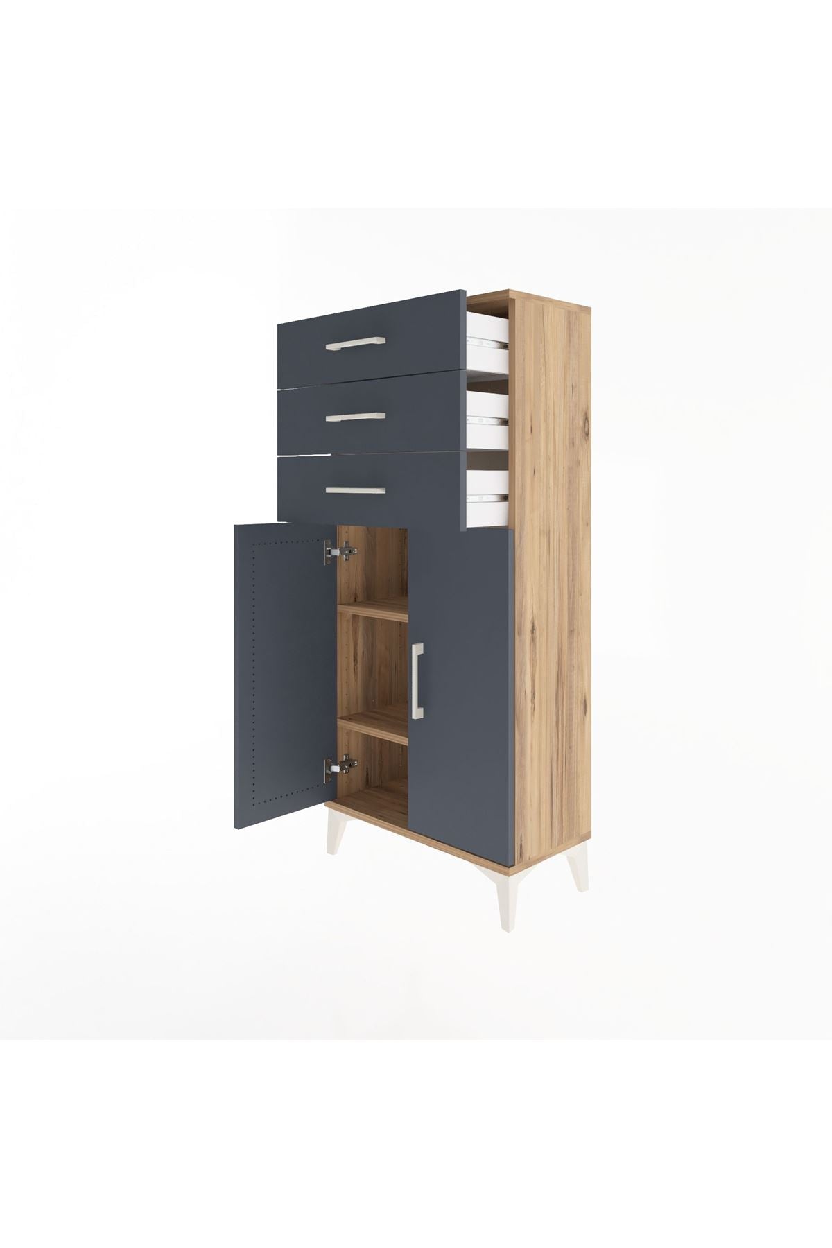 Arges Dolap 2 Raflı 3 Çekmeceli 2 Kapaklı 60x30x134 Çam-Antrasit