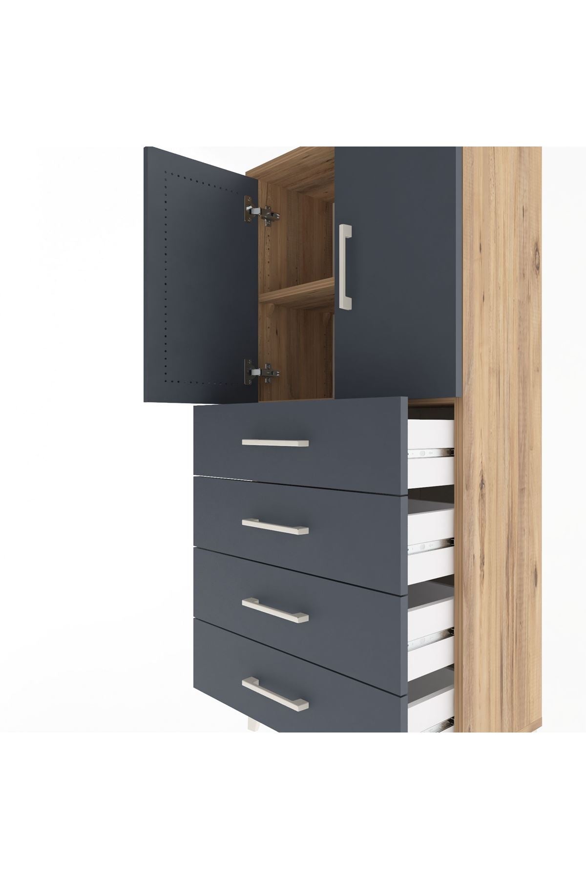 Arges Dolap 2 Raflı 4 Çekmeceli 2 Kapaklı 60x30x134 Çam-Antrasit
