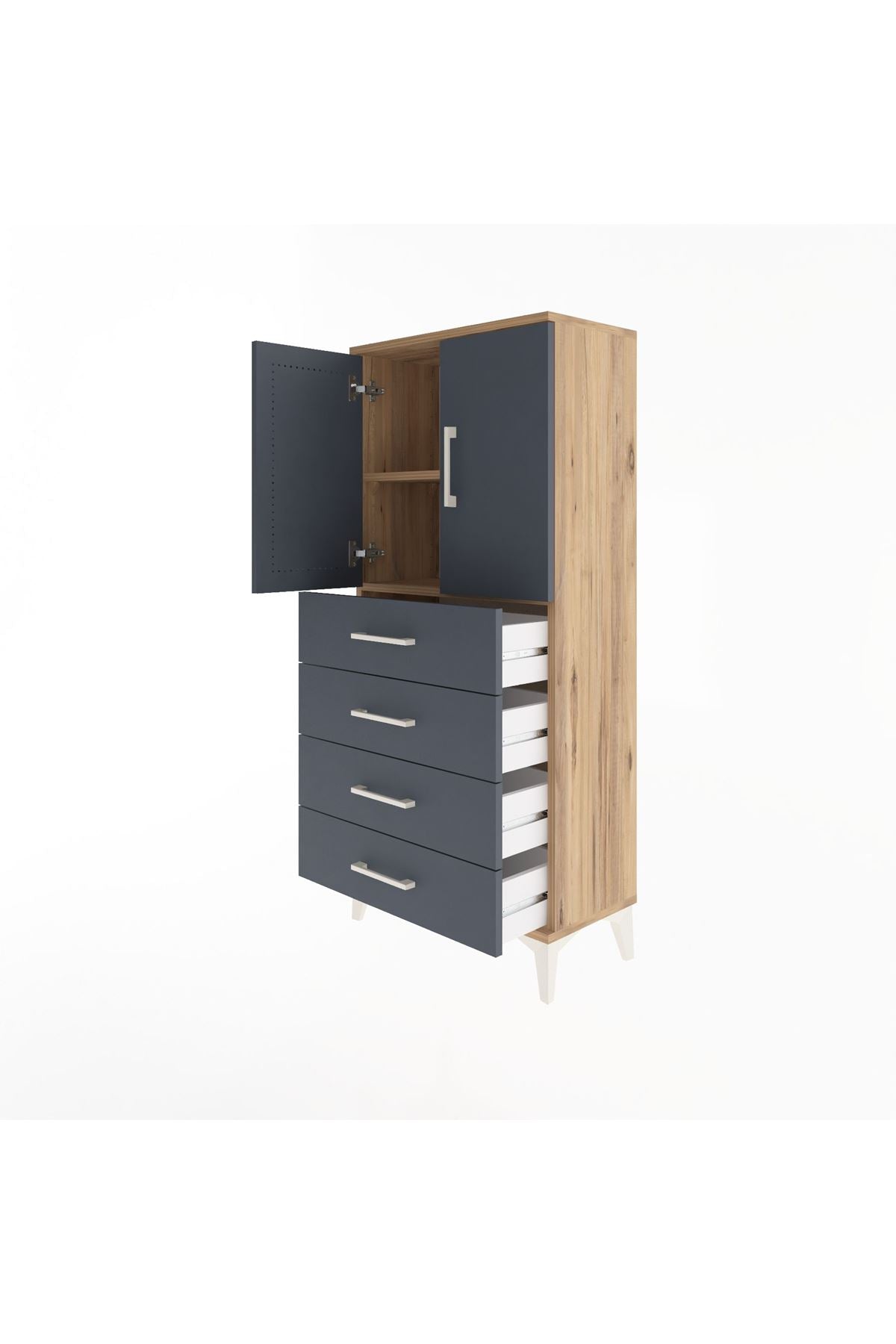 Arges Dolap 2 Raflı 4 Çekmeceli 2 Kapaklı 60x30x134 Çam-Antrasit