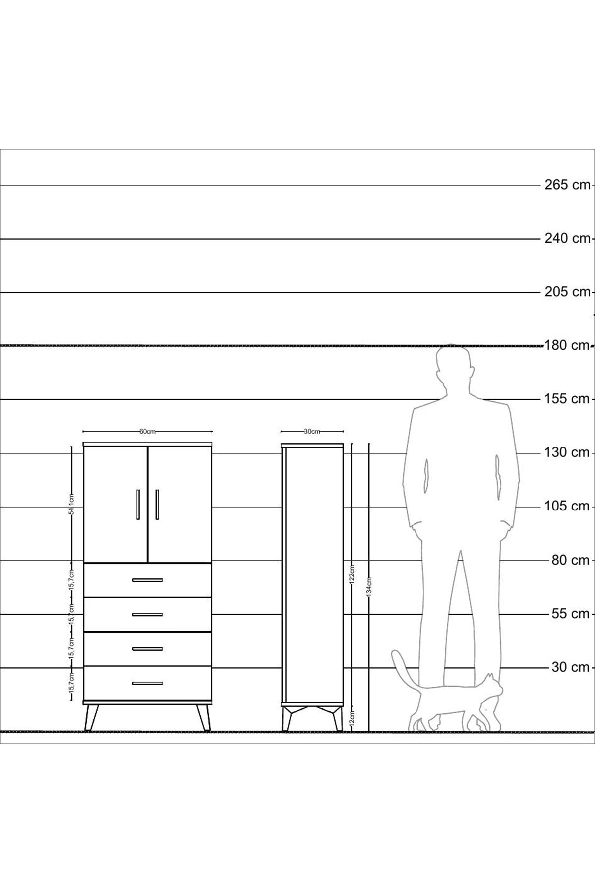 Arges Dolap 2 Raflı 4 Çekmeceli 2 Kapaklı 60x30x134 Çam-Antrasit