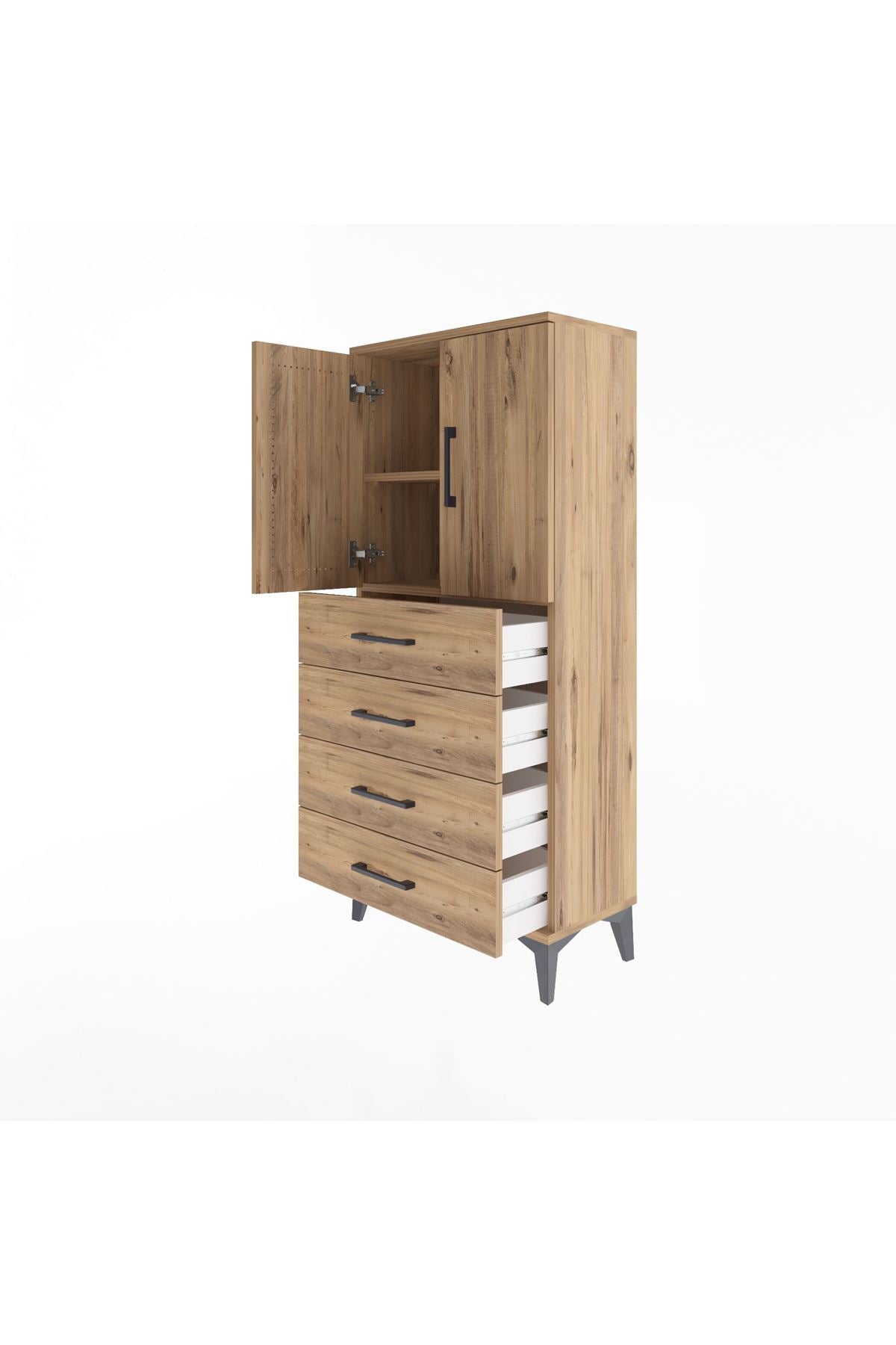 Arges Dolap 2 Raflı 4 Çekmeceli 2 Kapaklı 60x30x134 Çam-Çam