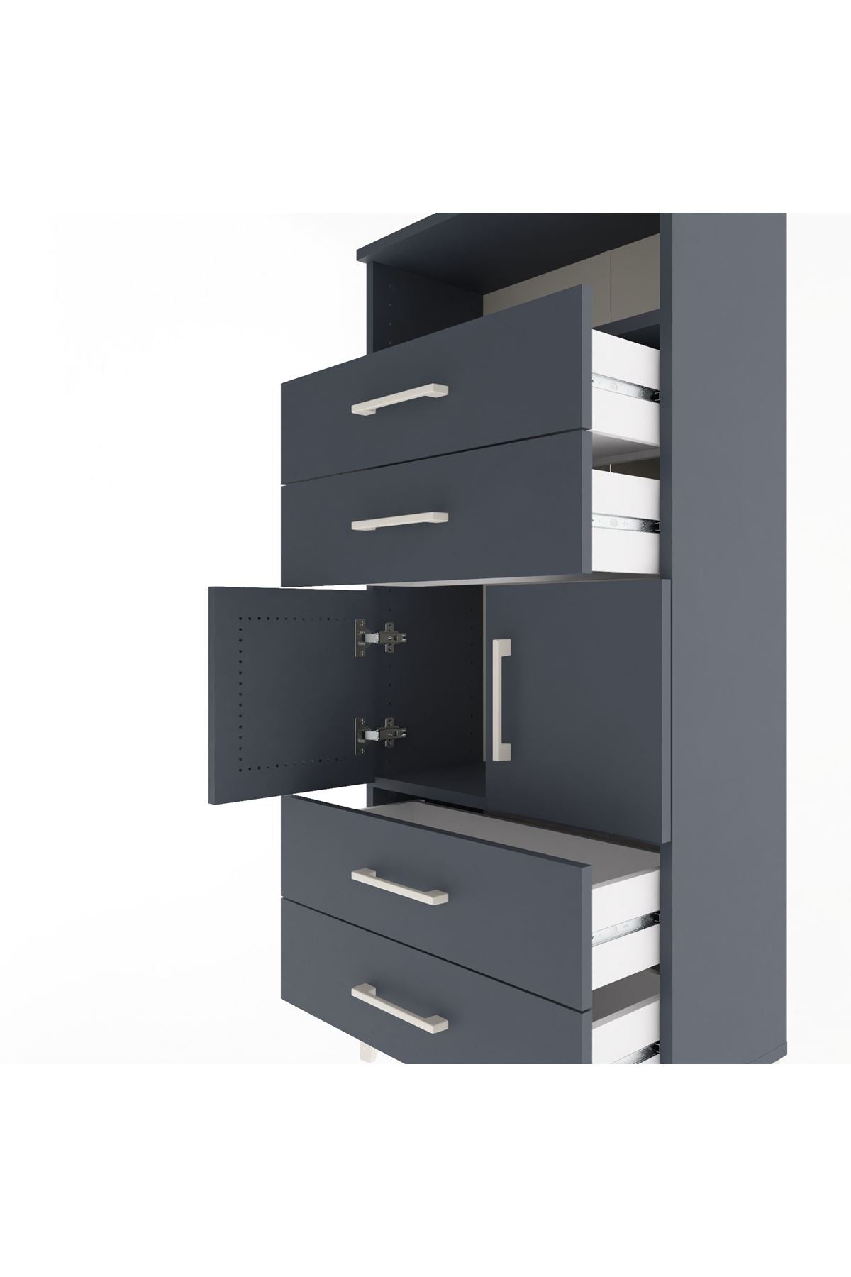 Arges Dolap 2 Raflı 4 Çekmeceli 2 Kapaklı 60x30x134 Antrasit-Antrasit