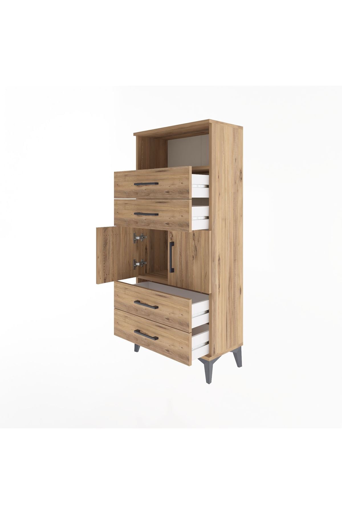 Arges Dolap 2 Raflı 4 Çekmeceli 2 Kapaklı 60x30x134 Çam-Çam