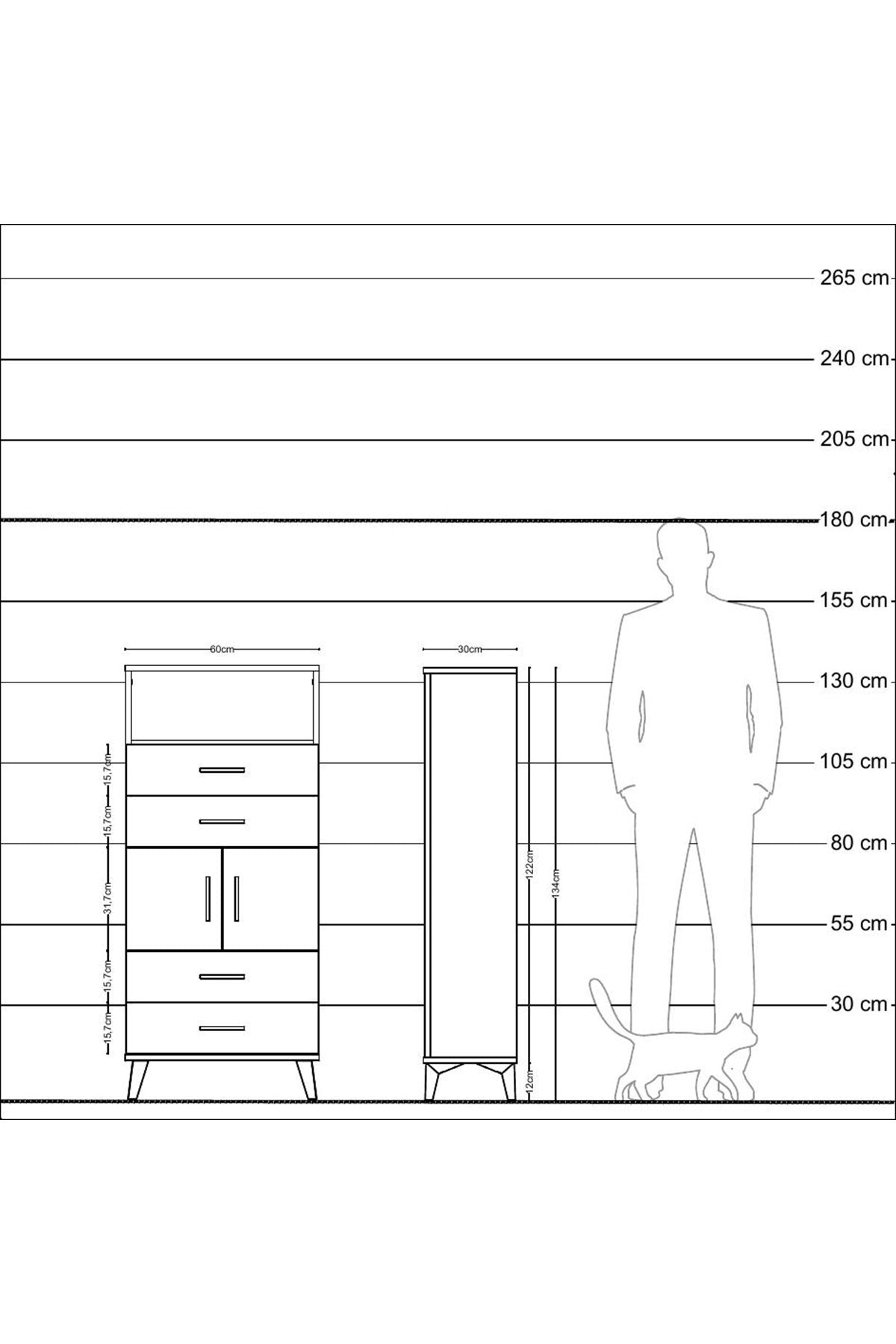 Arges Dolap 2 Raflı 4 Çekmeceli 2 Kapaklı 60x30x134 Çam-Çam