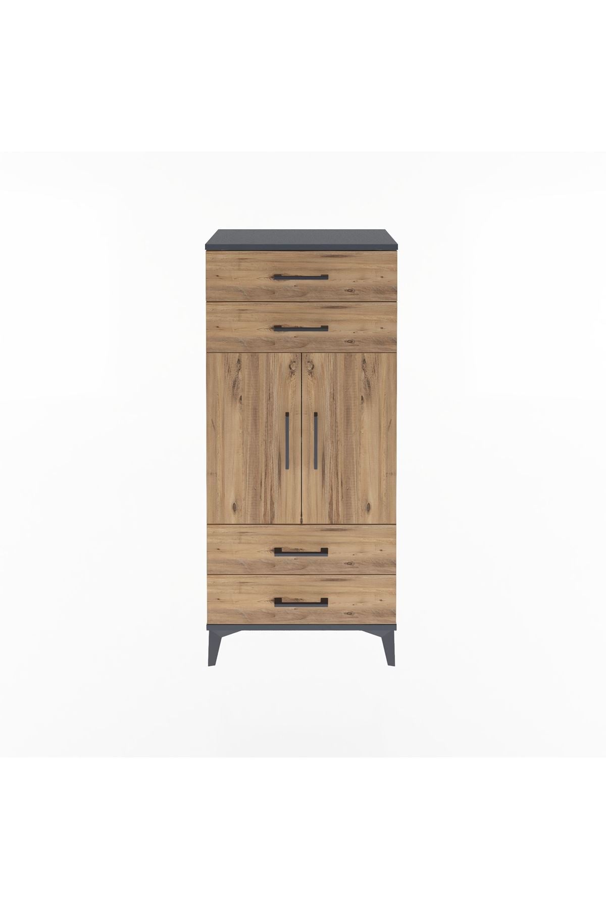 Arges Dolap 2 Raflı 4 Çekmeceli 2 Kapaklı 60x30x134 Antrasit-Çam