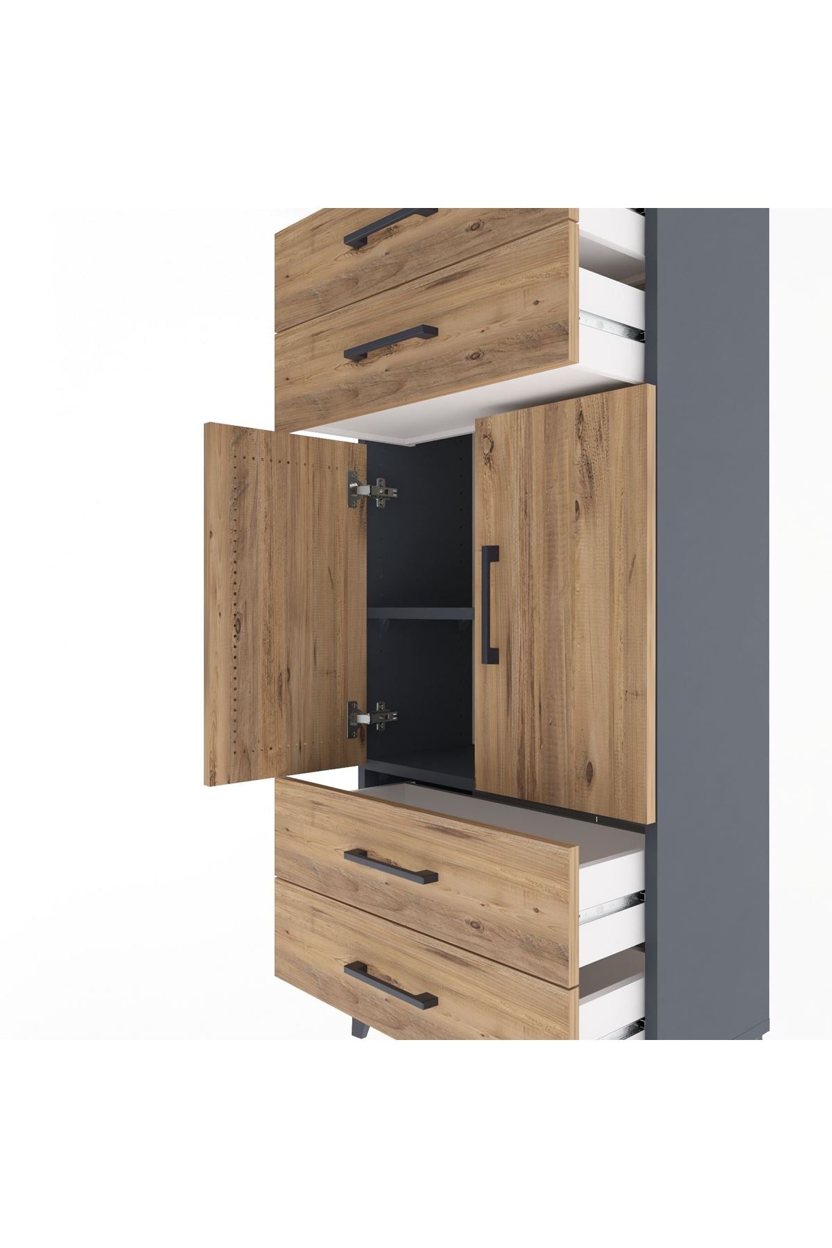 Arges Dolap 2 Raflı 4 Çekmeceli 2 Kapaklı 60x30x134 Antrasit-Çam