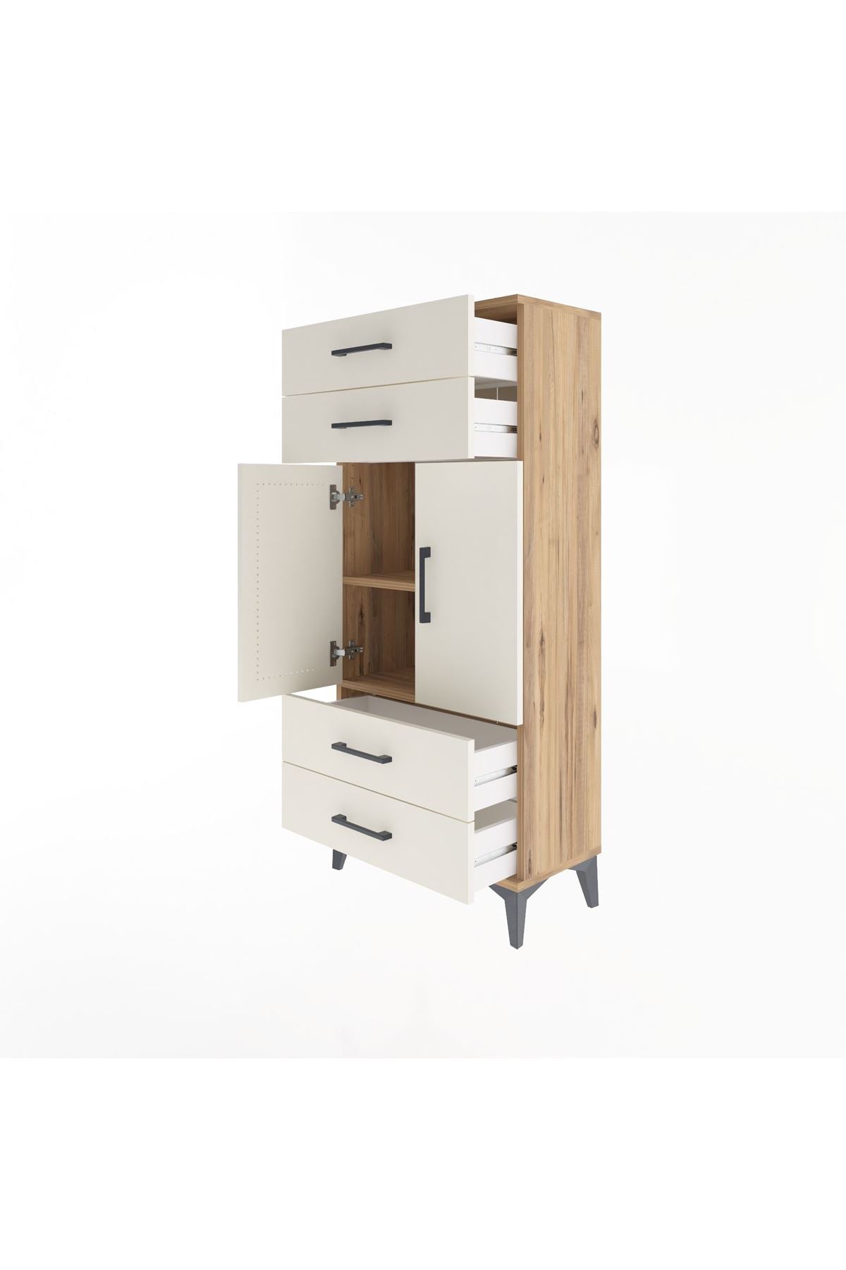 Arges Dolap 2 Raflı 4 Çekmeceli 2 Kapaklı 60x30x134 Çam-Aytaşı