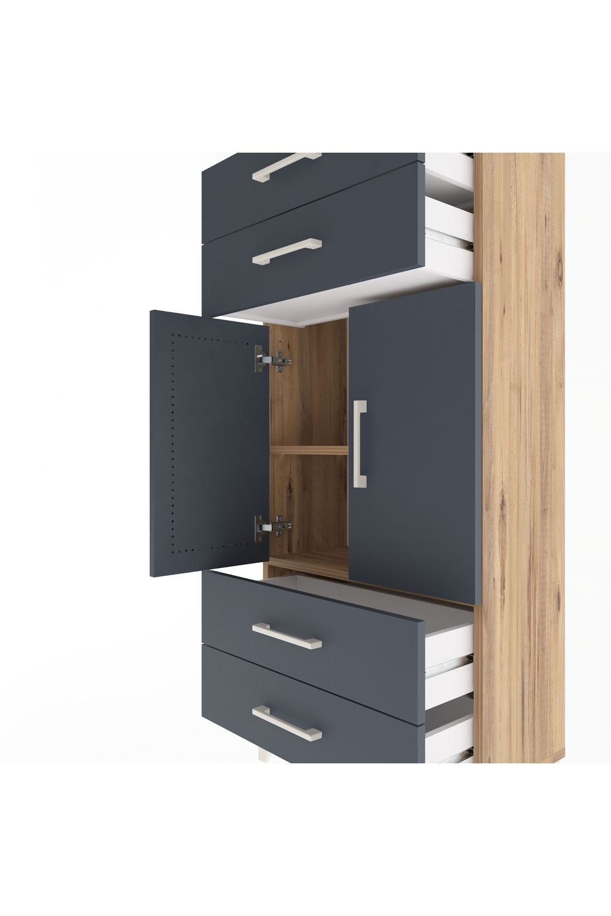 Arges Dolap 2 Raflı 4 Çekmeceli 2 Kapaklı 60x30x134 Çam-Antrasit