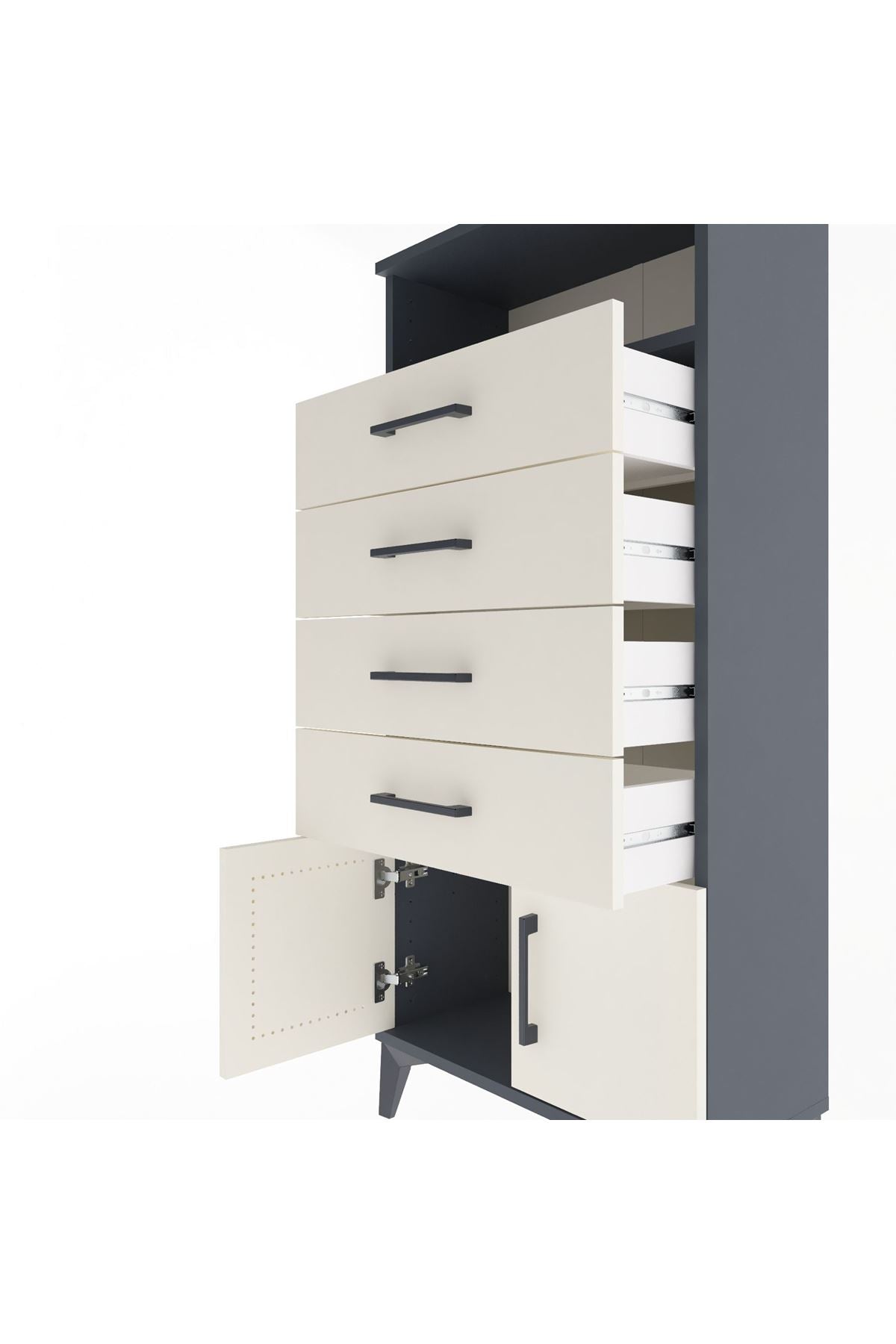 Arges Dolap Tek Raflı 4 Çekmeceli 2 Kapaklı 60x30x134 Antrasit-Aytaşı