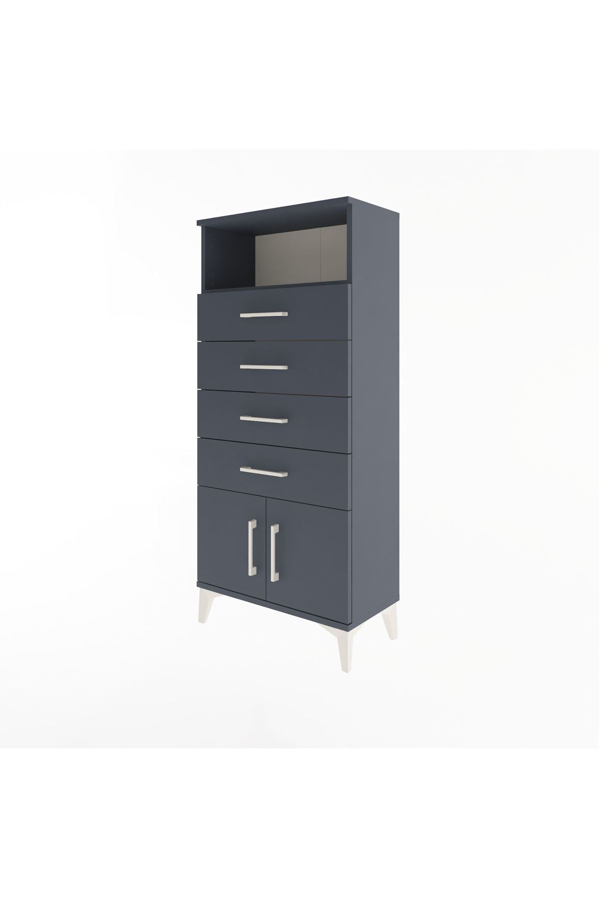 Arges Dolap Tek Raflı 4 Çekmeceli 2 Kapaklı 60x30x134 Antrasit-Antrasit