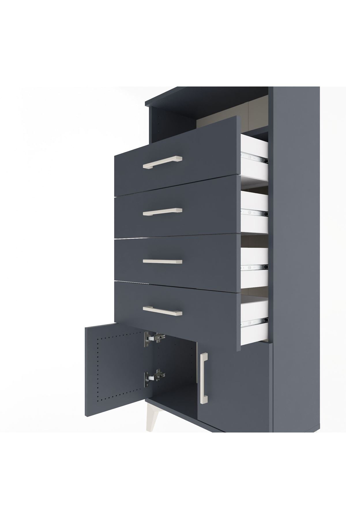 Arges Dolap Tek Raflı 4 Çekmeceli 2 Kapaklı 60x30x134 Antrasit-Antrasit